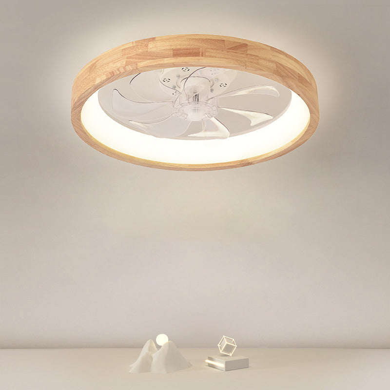 Traditional Japanese Solid Wood and Iron Round Hollow LED Flush Mount Ceiling Fan Light for Bedroom