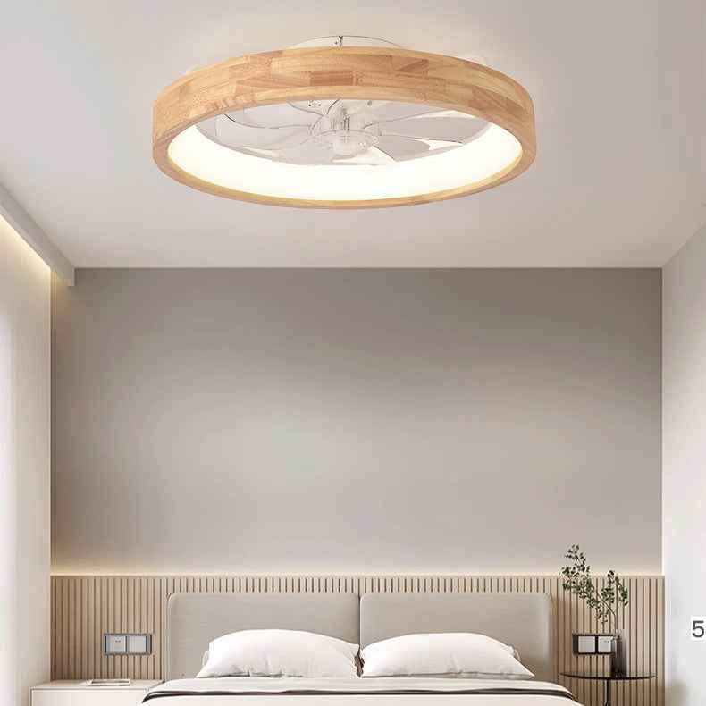 Traditional Japanese Solid Wood and Iron Round Hollow LED Flush Mount Ceiling Fan Light for Bedroom
