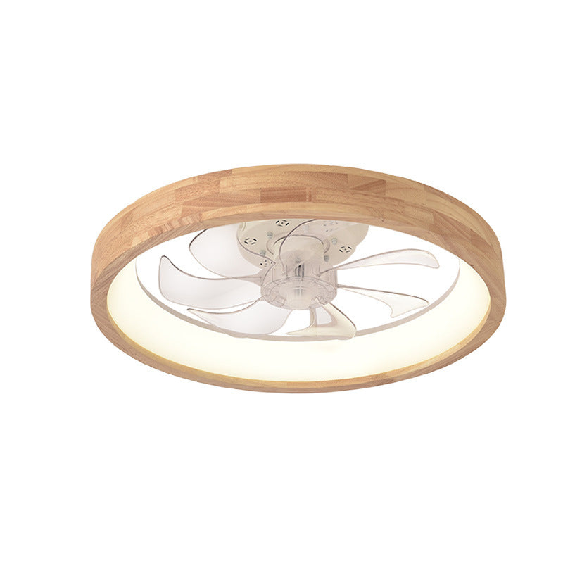 Traditional Japanese Solid Wood and Iron Round Hollow LED Flush Mount Ceiling Fan Light for Bedroom