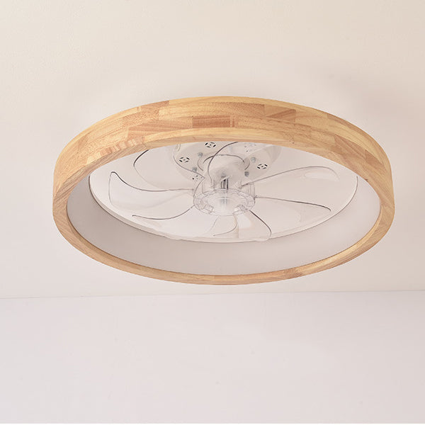 Traditional Japanese Solid Wood and Iron Round Hollow LED Flush Mount Ceiling Fan Light for Bedroom