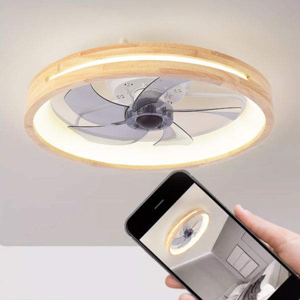 Traditional Japanese Solid Wood and Iron Round Hollow LED Flush Mount Ceiling Fan Light for Bedroom