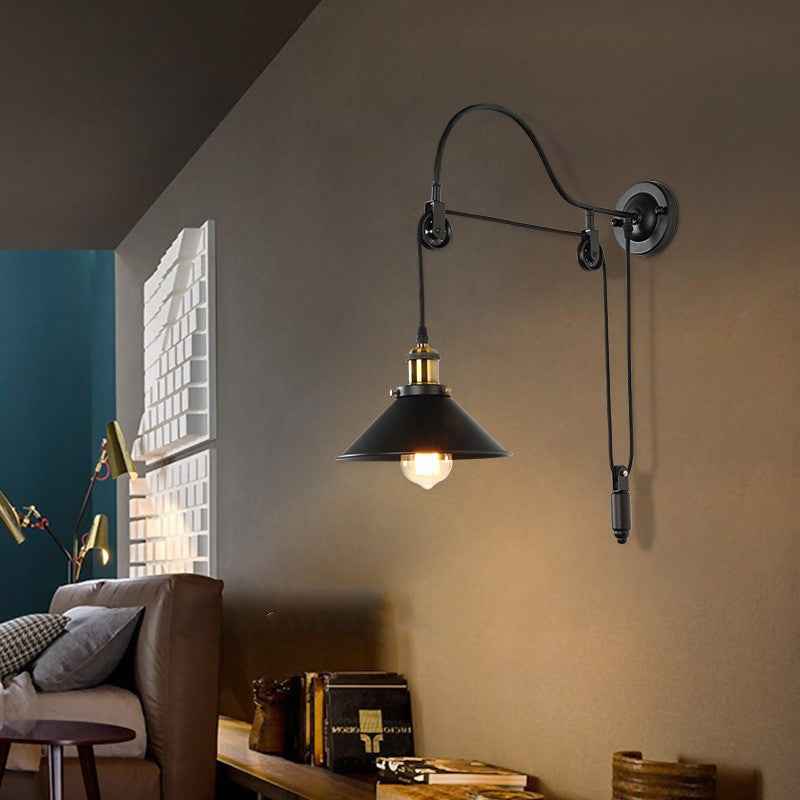 Vintage Industrial Wrought Iron Single-Light Pulley Wall Sconce