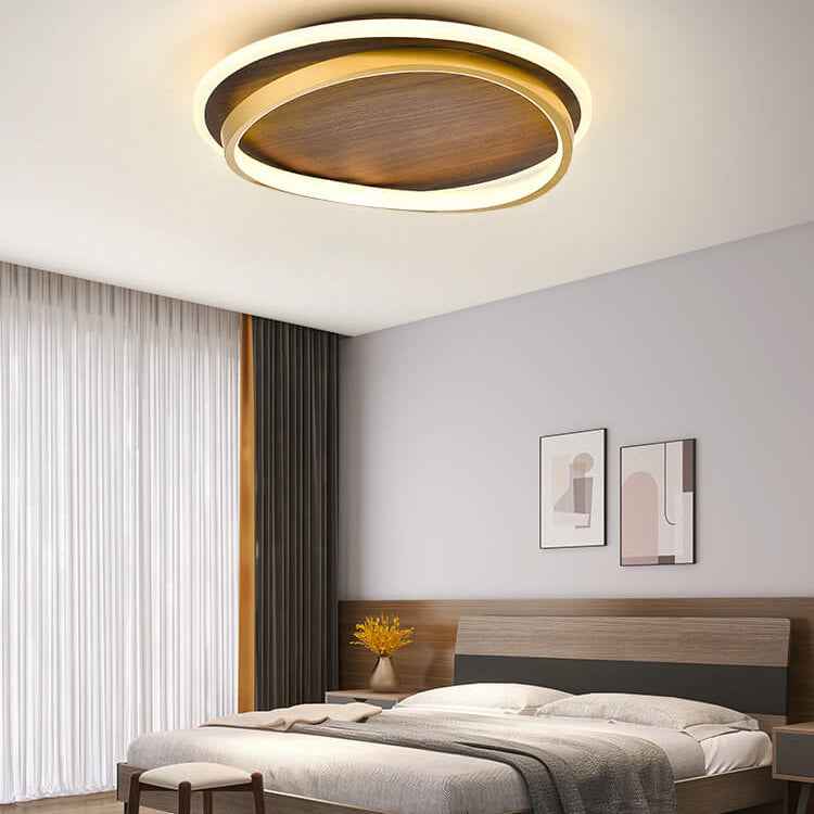 Nordic Minimalist Round Walnut Grain LED Flush Mount Ceiling Light