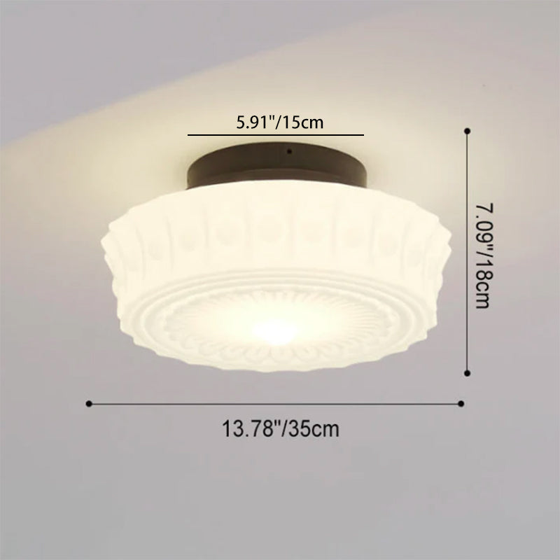 Vintage French White Jade Glass Striped Round Drum LED Semi-Flush Mount Ceiling Light