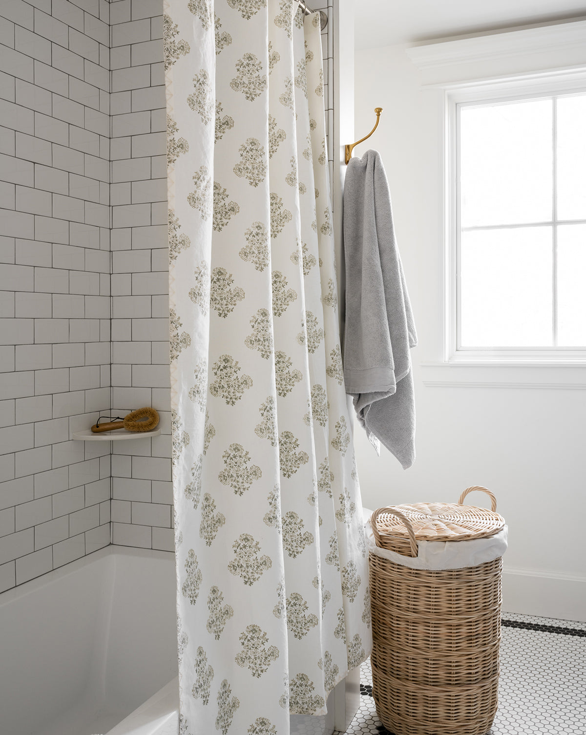 Bela Block Print Shower Curtain  Vintage Floral Design