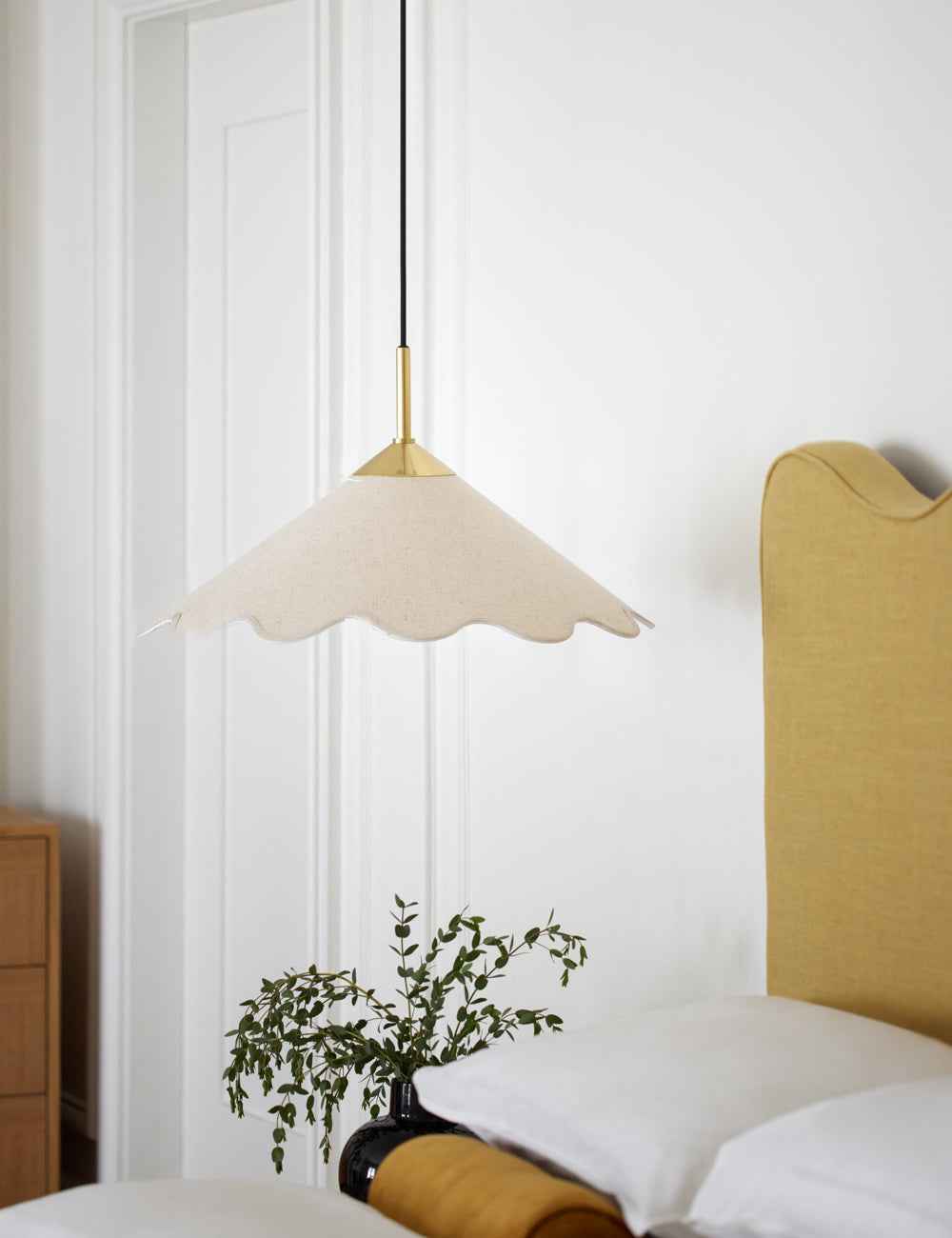 Pavo Pendant Light | Linen Shade, Antique Brass Finish