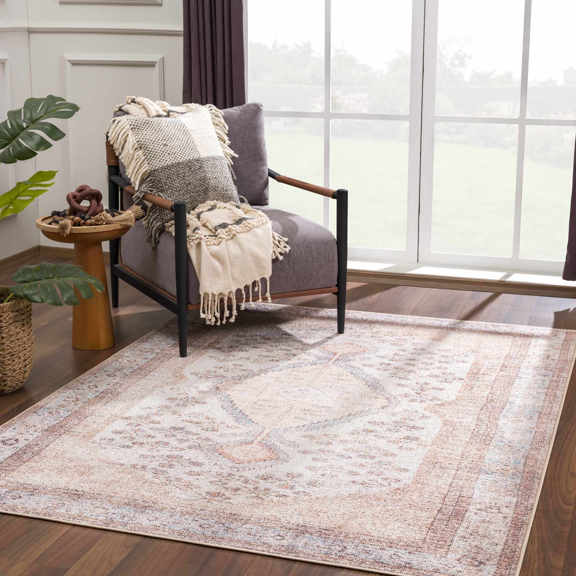 Analu Non-Slip Rug  Machine Washable, Medium Pile, Tan/Brown/Blue