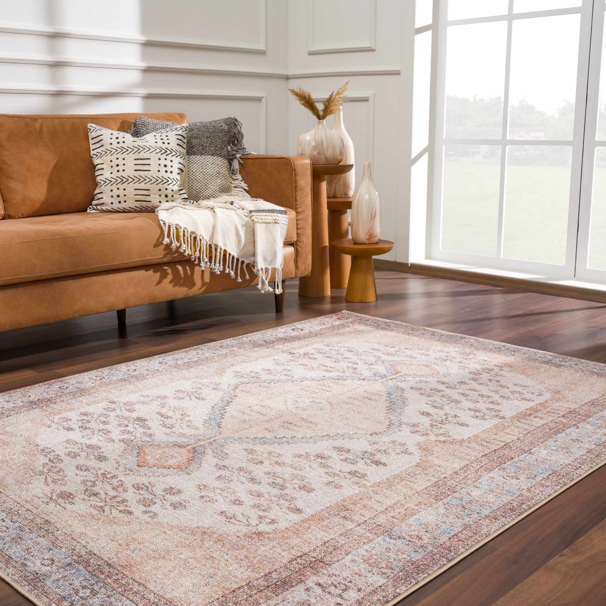 Analu Non-Slip Rug  Machine Washable, Medium Pile, Tan/Brown/Blue