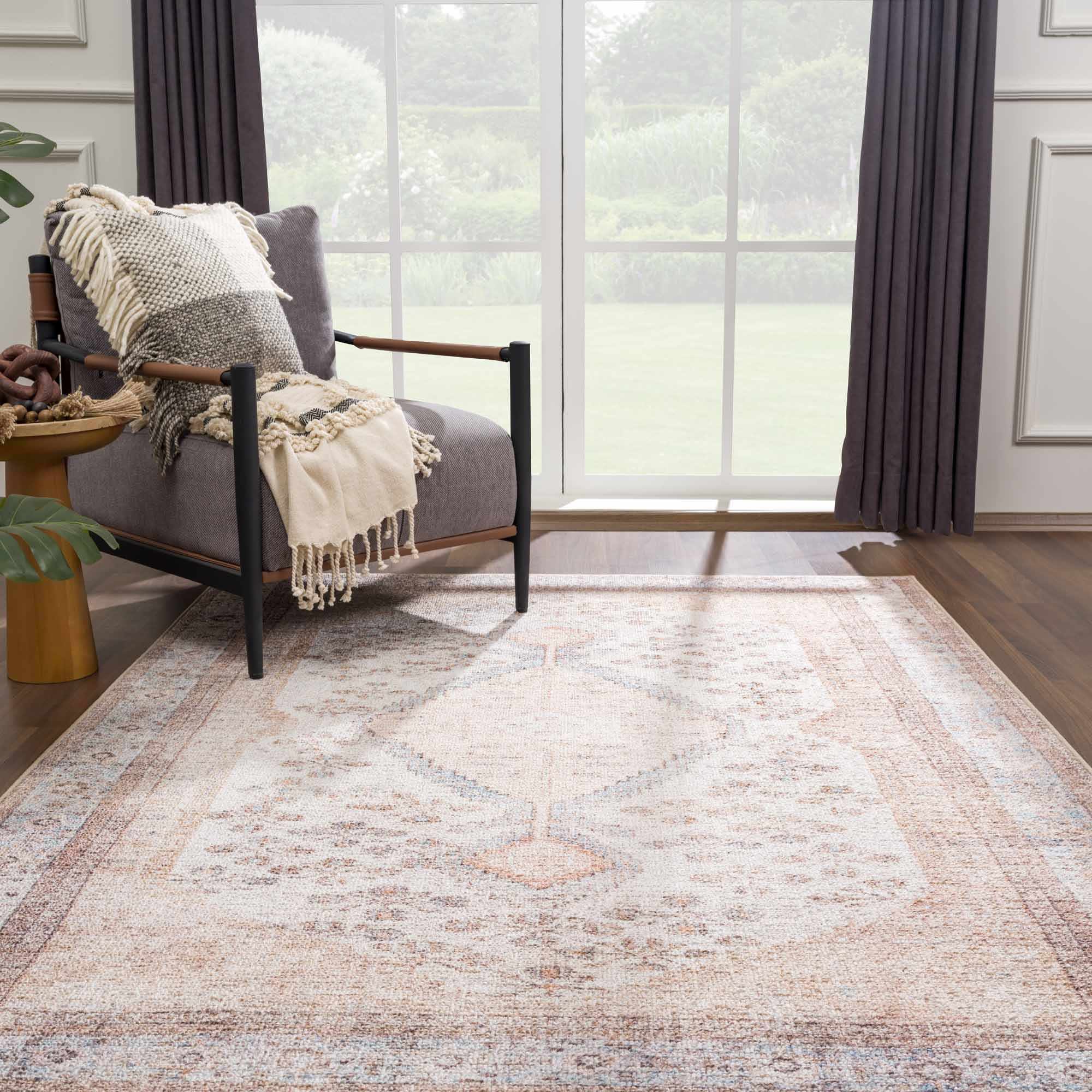 Analu Non-Slip Rug  Machine Washable, Medium Pile, Tan/Brown/Blue