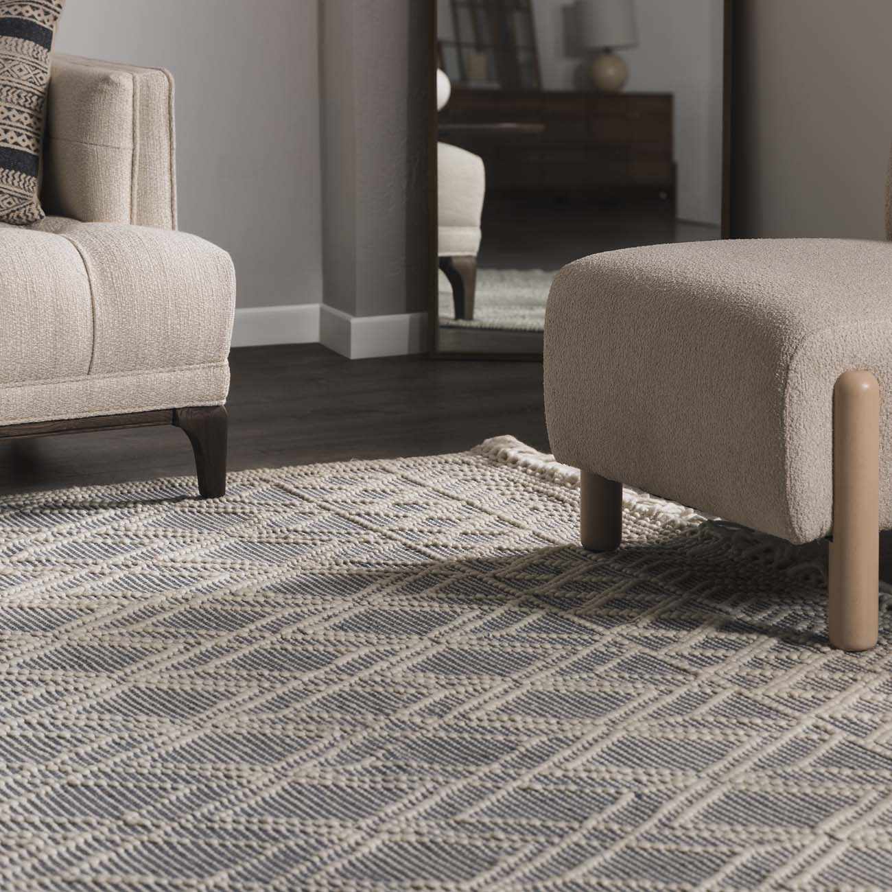 Dune Wool Rug  Hand Woven  Denim Blue Trellis Design