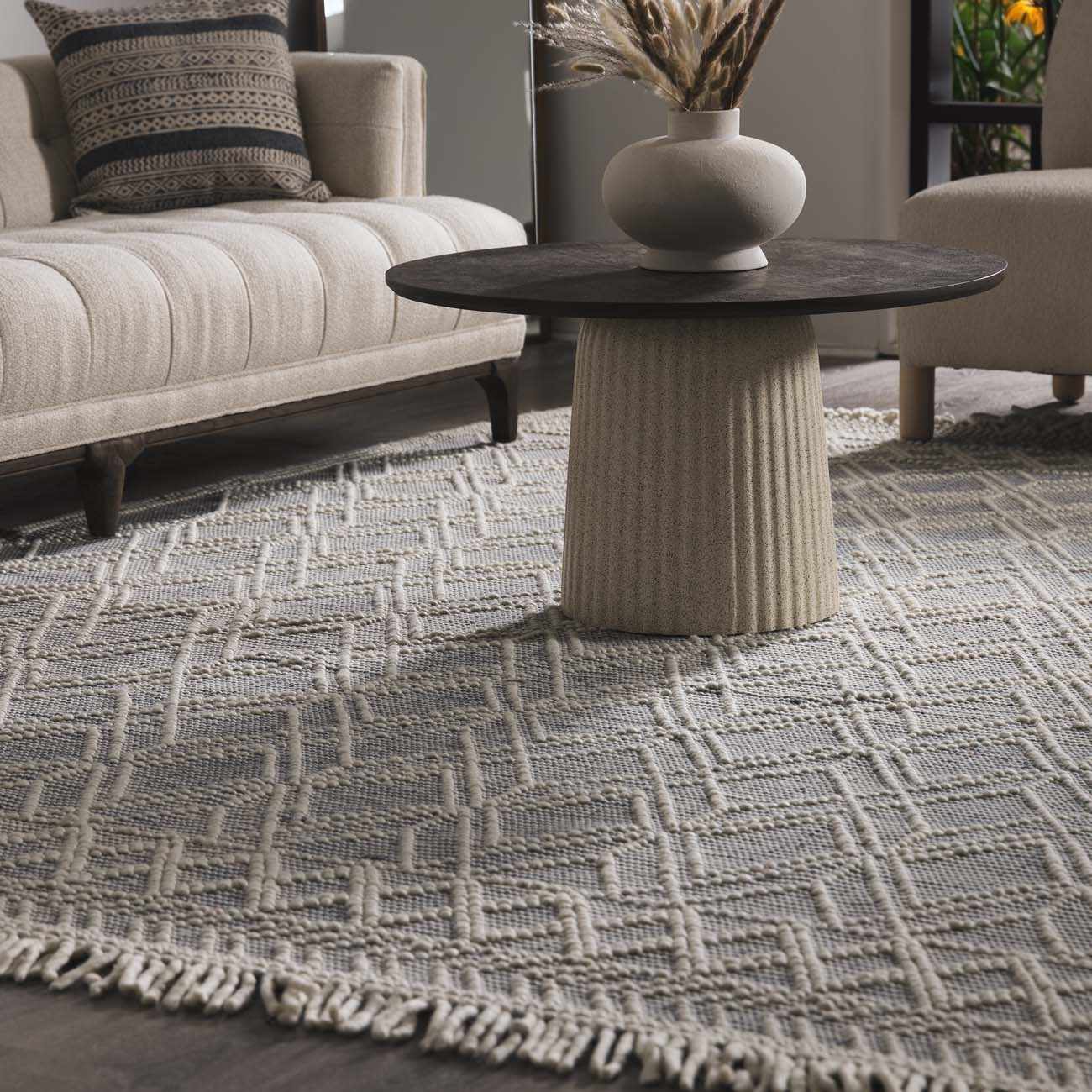 Dune Wool Rug  Hand Woven  Denim Blue Trellis Design
