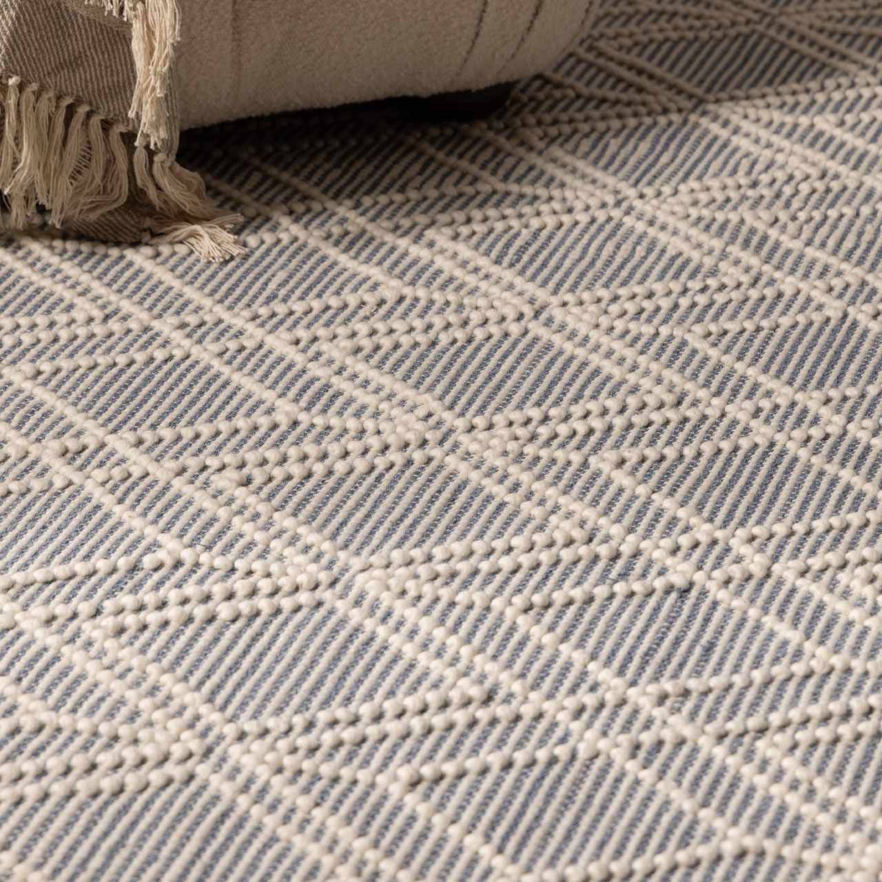 Dune Wool Rug  Hand Woven  Denim Blue Trellis Design