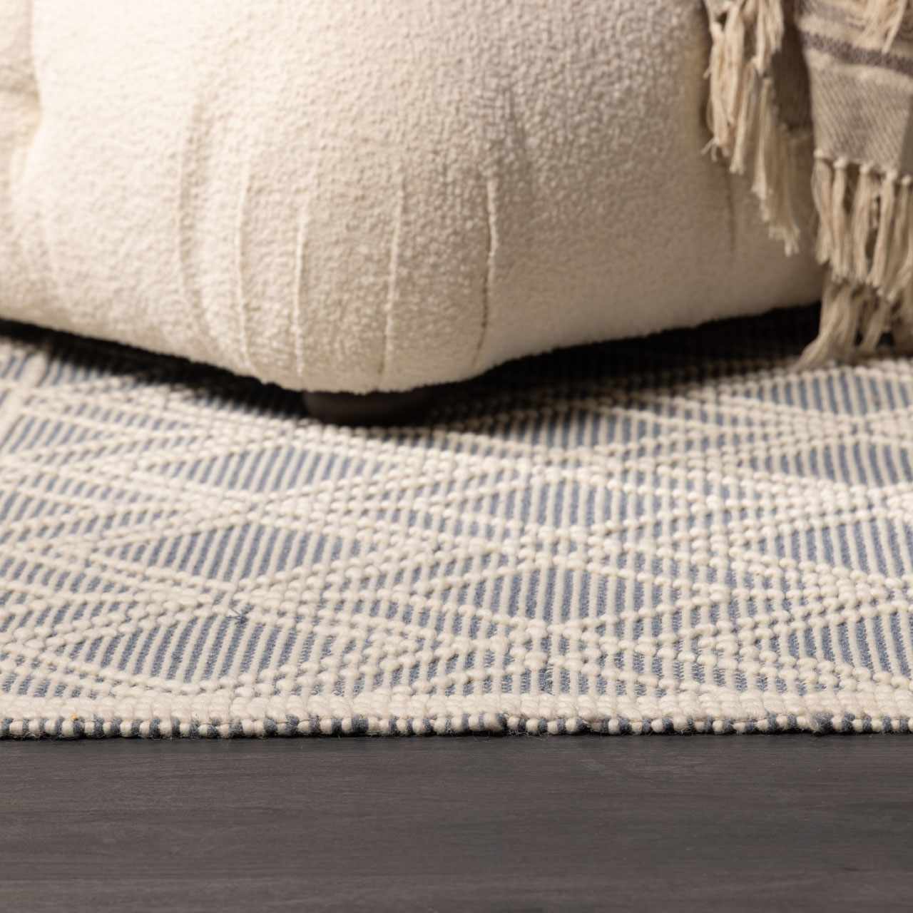 Dune Wool Rug  Hand Woven  Denim Blue Trellis Design