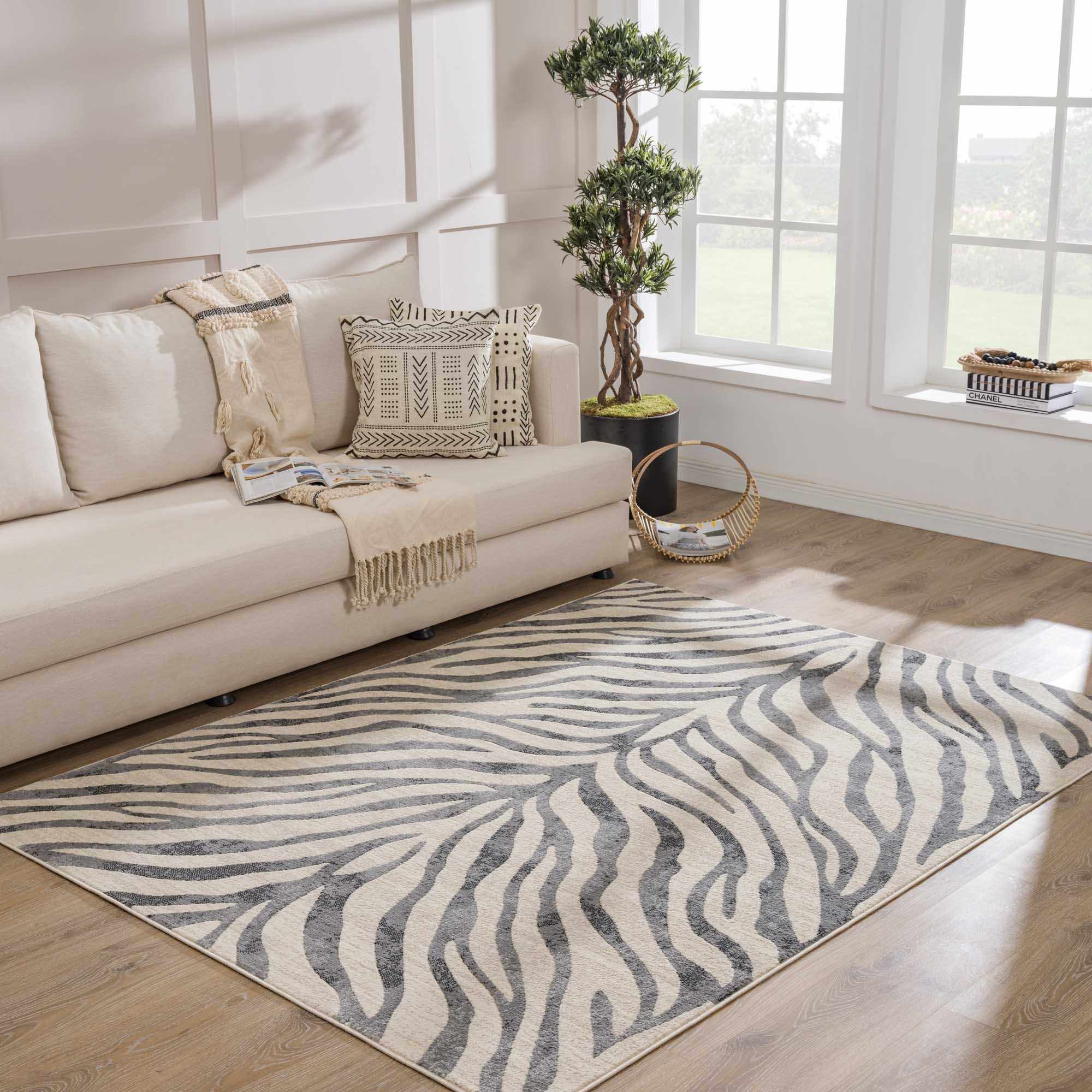 Elysian Zebra Print Area Rug  Machine Woven  Medium Pile  Gray
