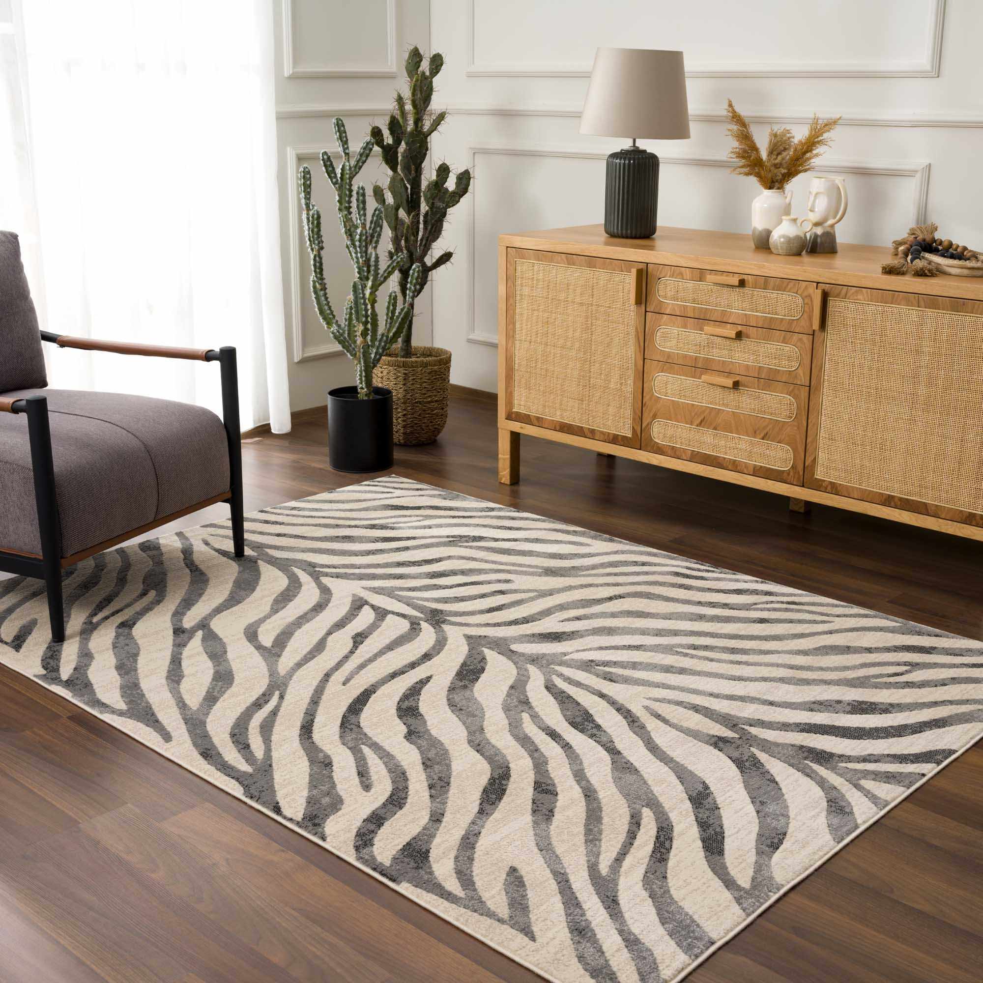 Elysian Zebra Print Area Rug  Machine Woven  Medium Pile  Gray