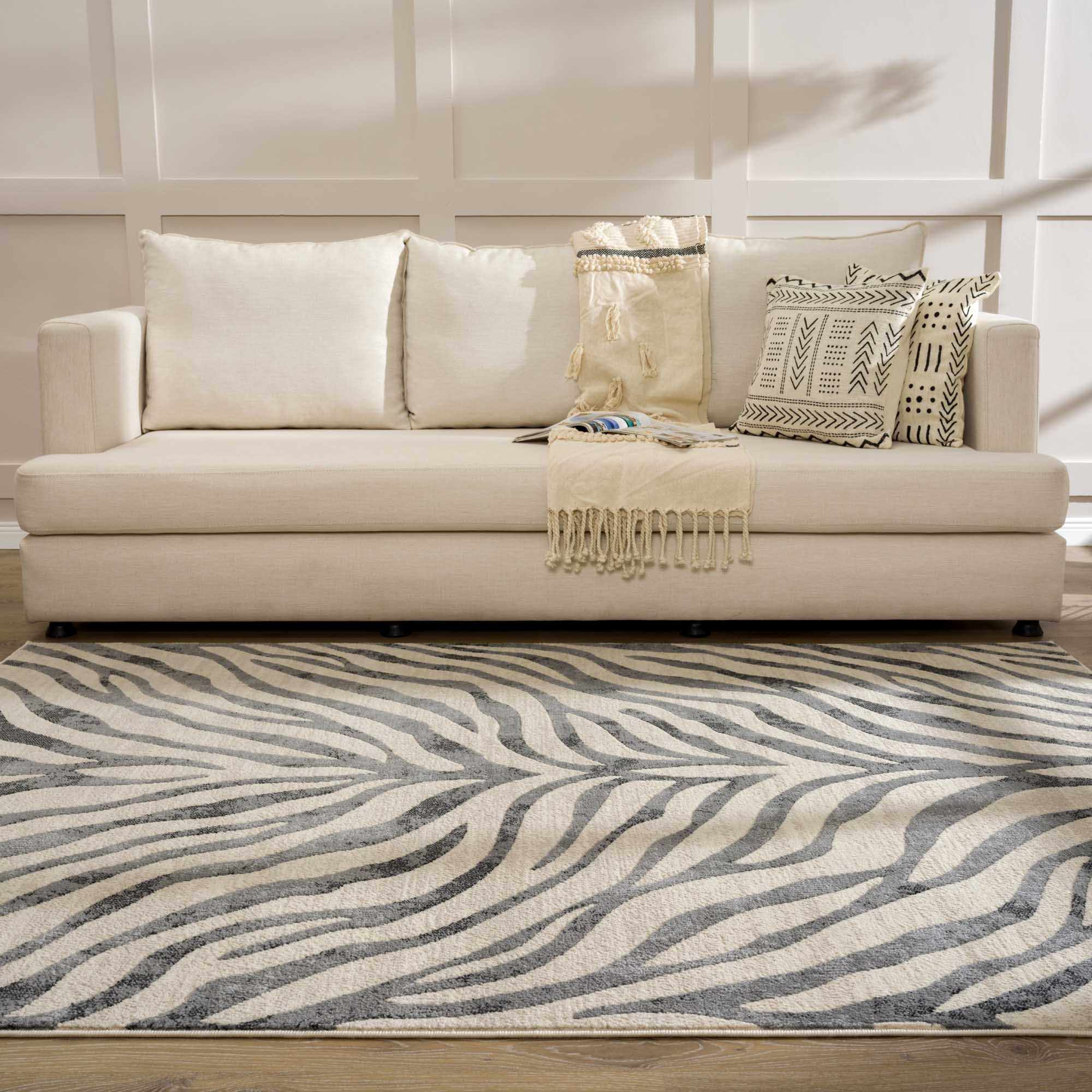 Elysian Zebra Print Area Rug  Machine Woven  Medium Pile  Gray