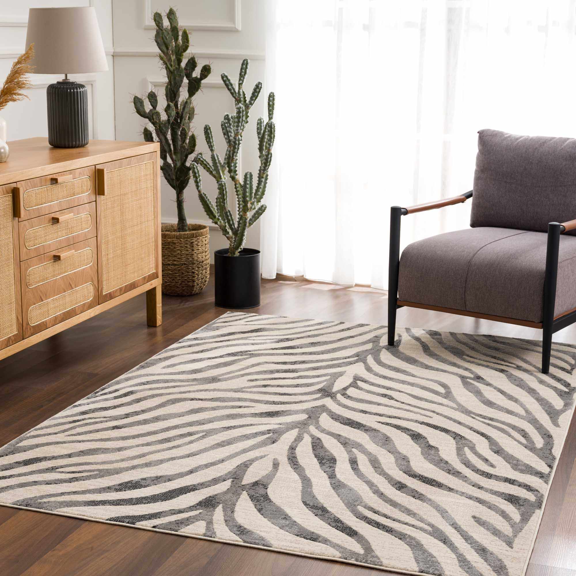 Elysian Zebra Print Area Rug  Machine Woven  Medium Pile  Gray
