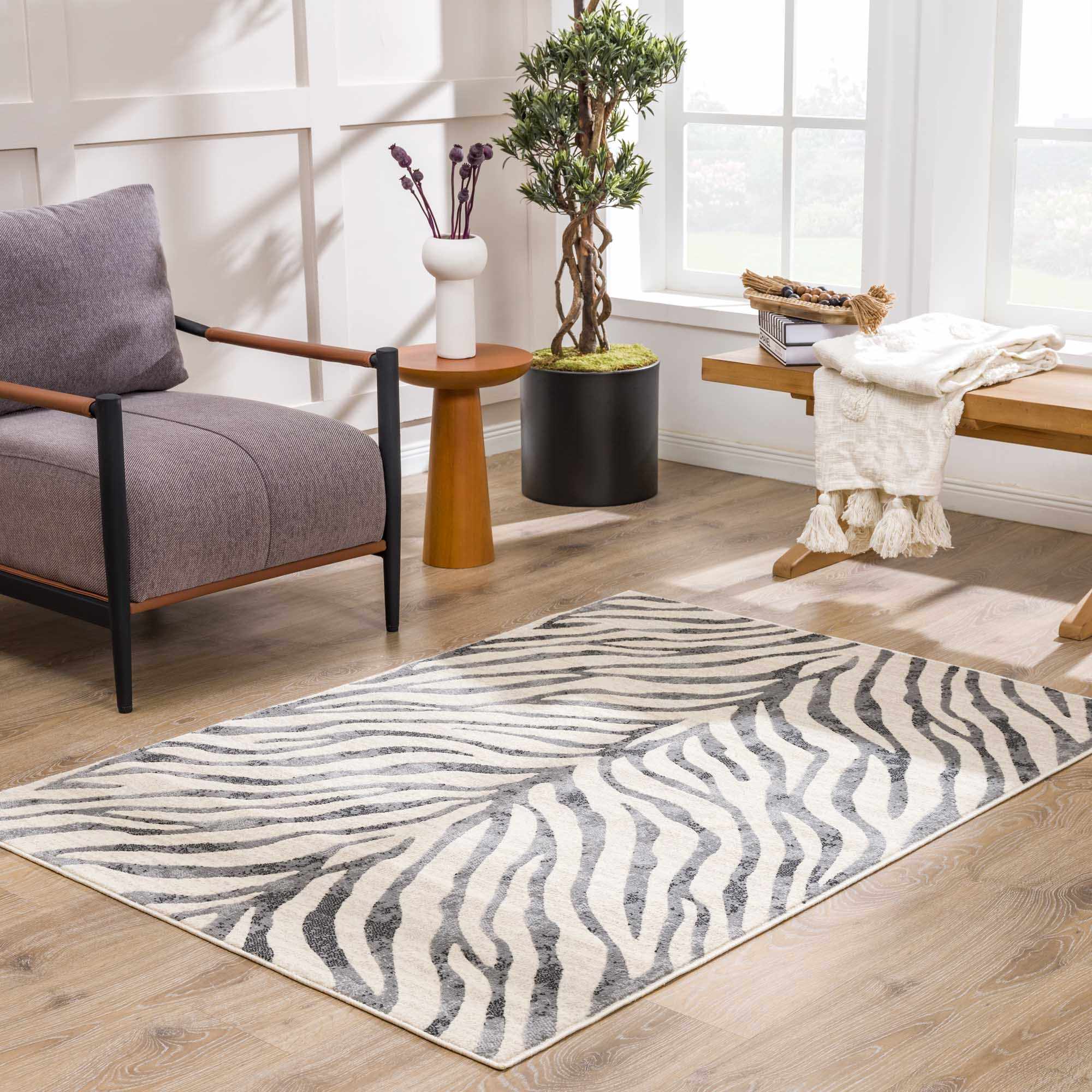 Elysian Zebra Print Area Rug  Machine Woven  Medium Pile  Gray