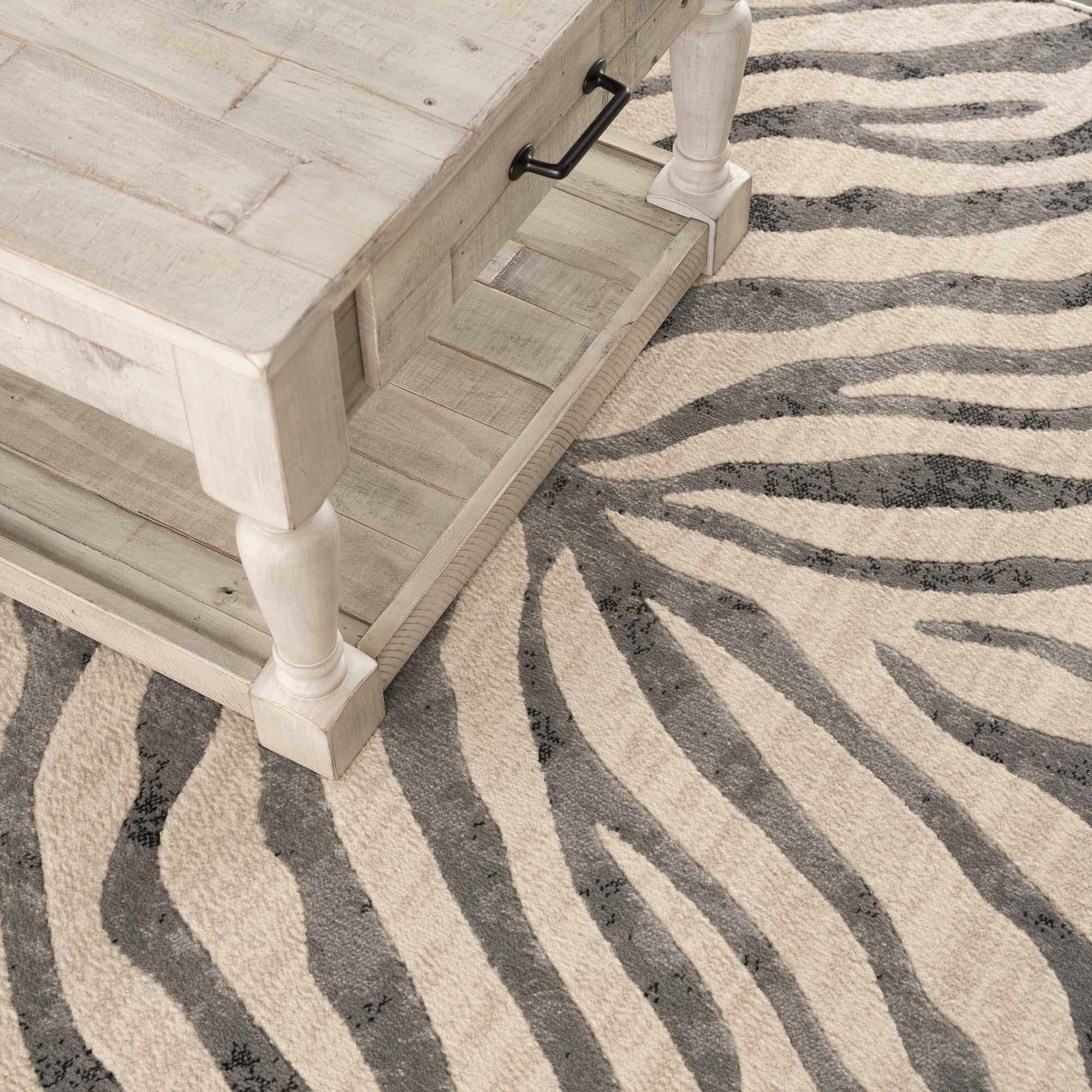 Elysian Zebra Print Area Rug  Machine Woven  Medium Pile  Gray
