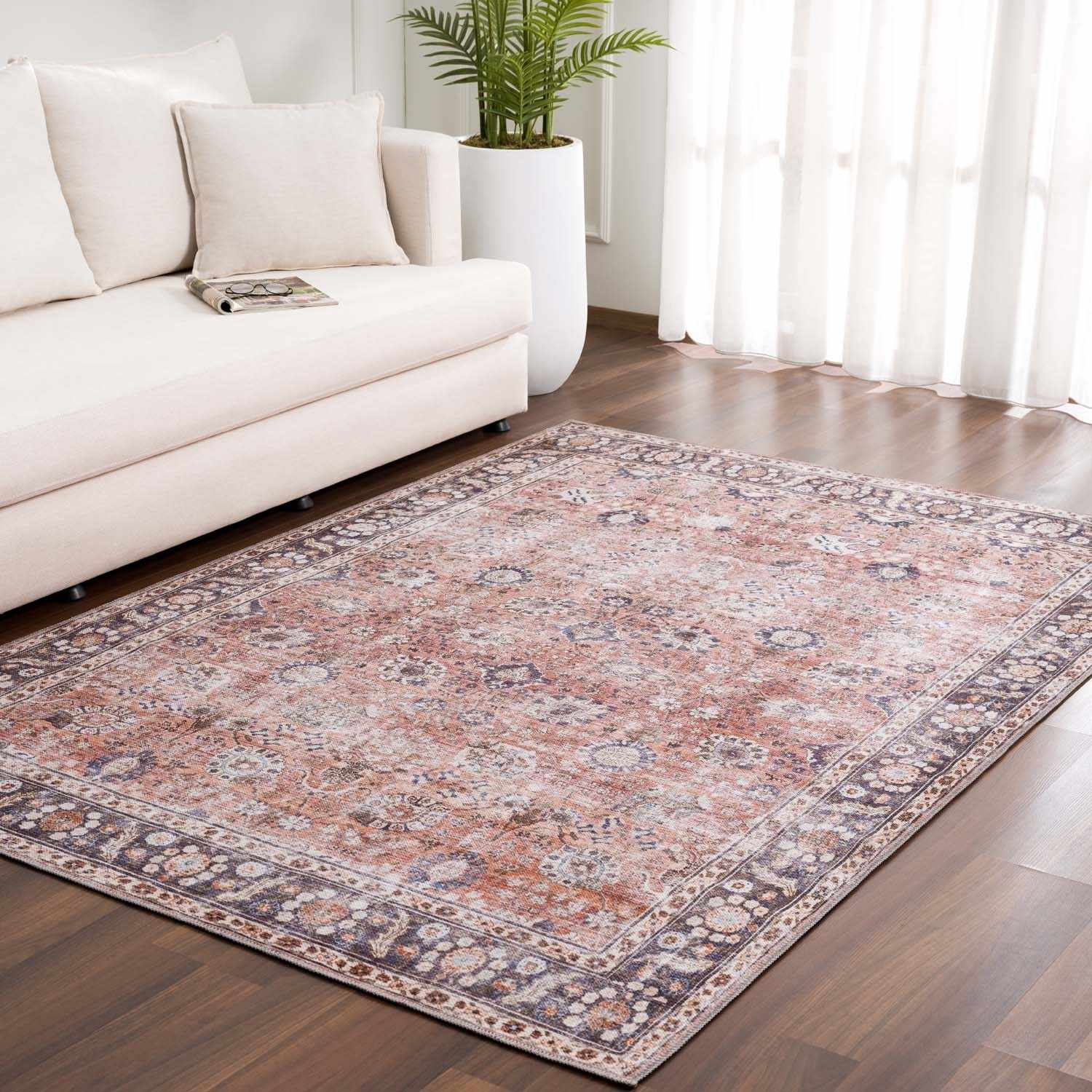 Brio Red Washable Rug Machine Woven Traditional Style