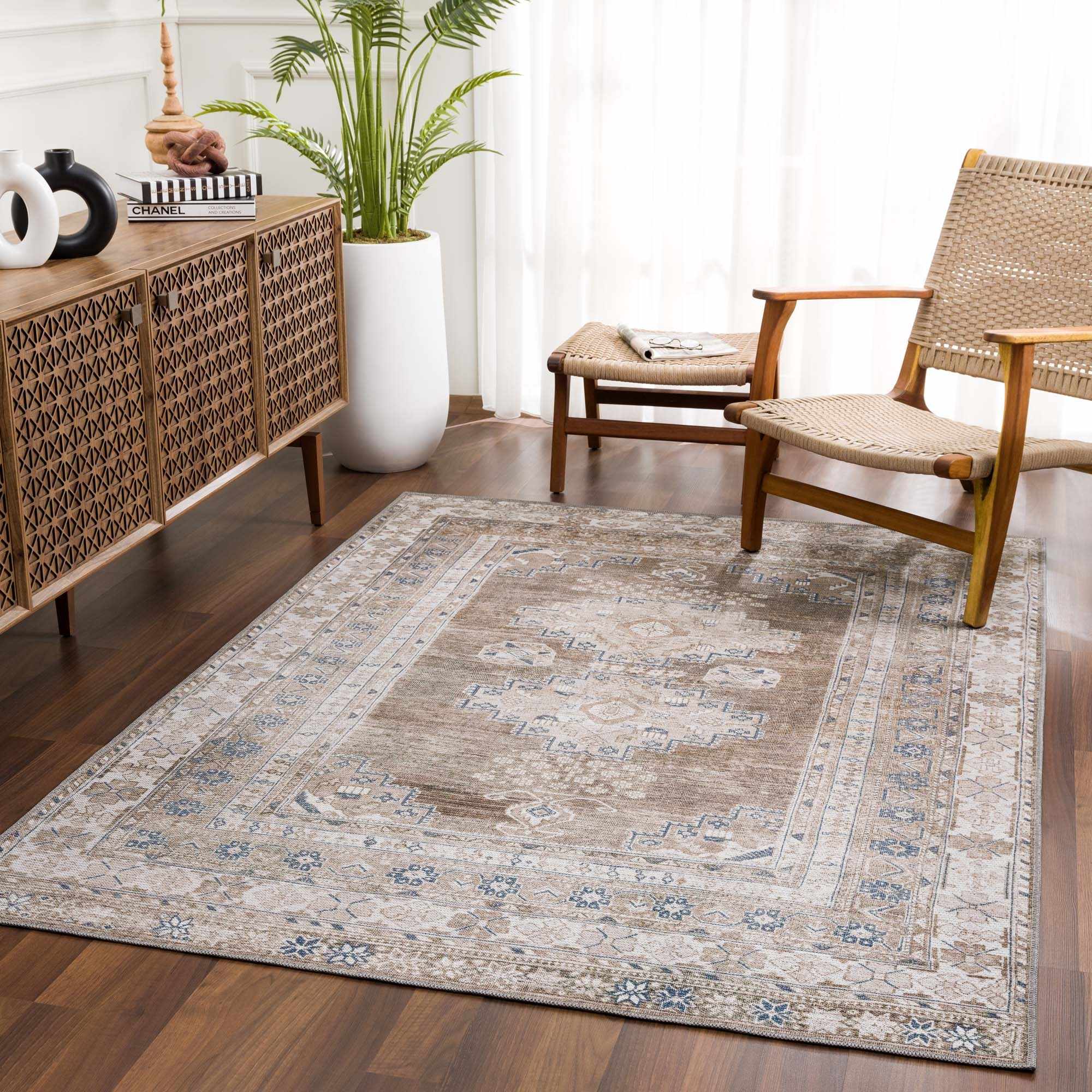 Bela Washable Rug  Cream Chenille-Polyester, Traditional Style