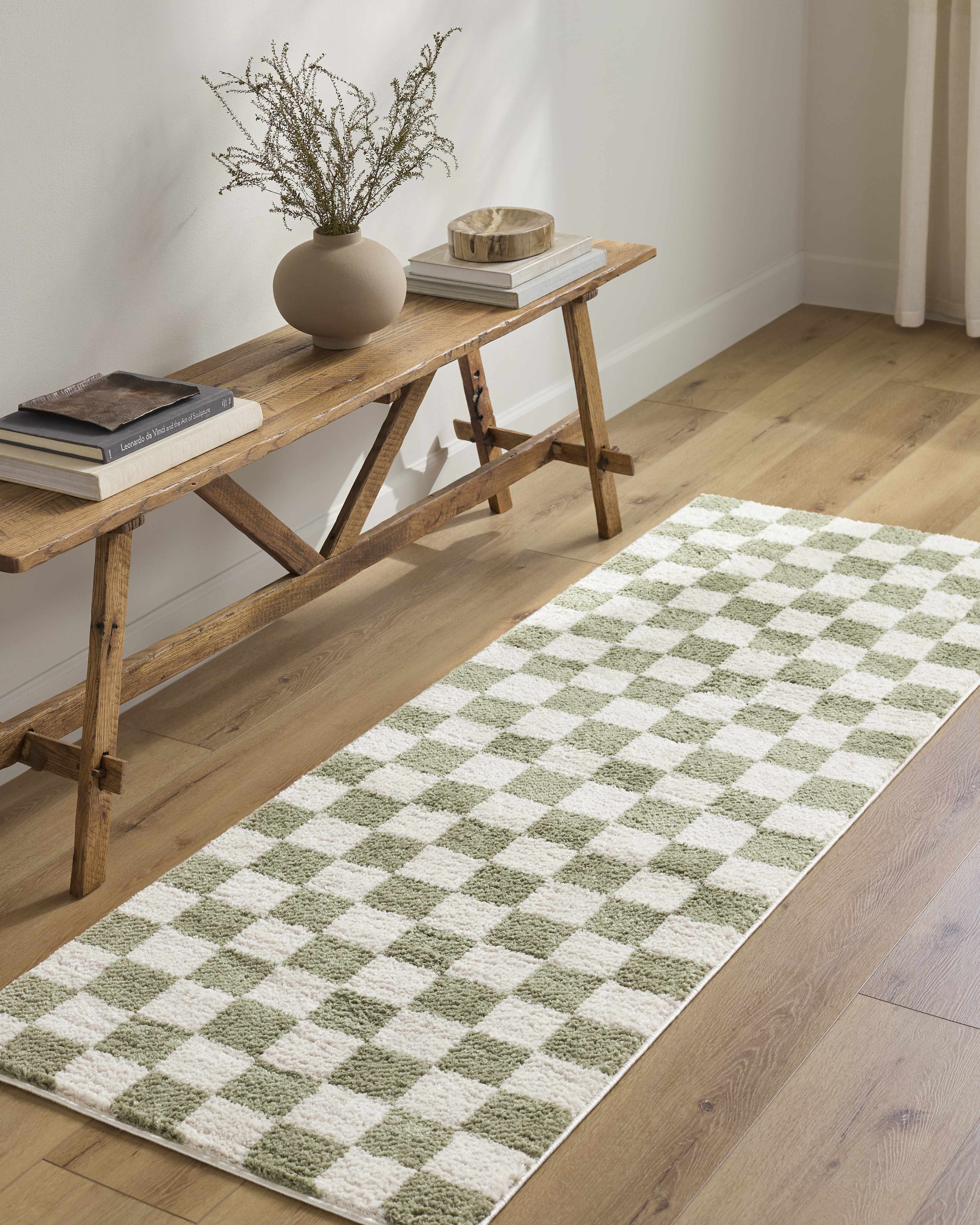 Cielo Green Checkered Rug  Machine Washable, High Pile