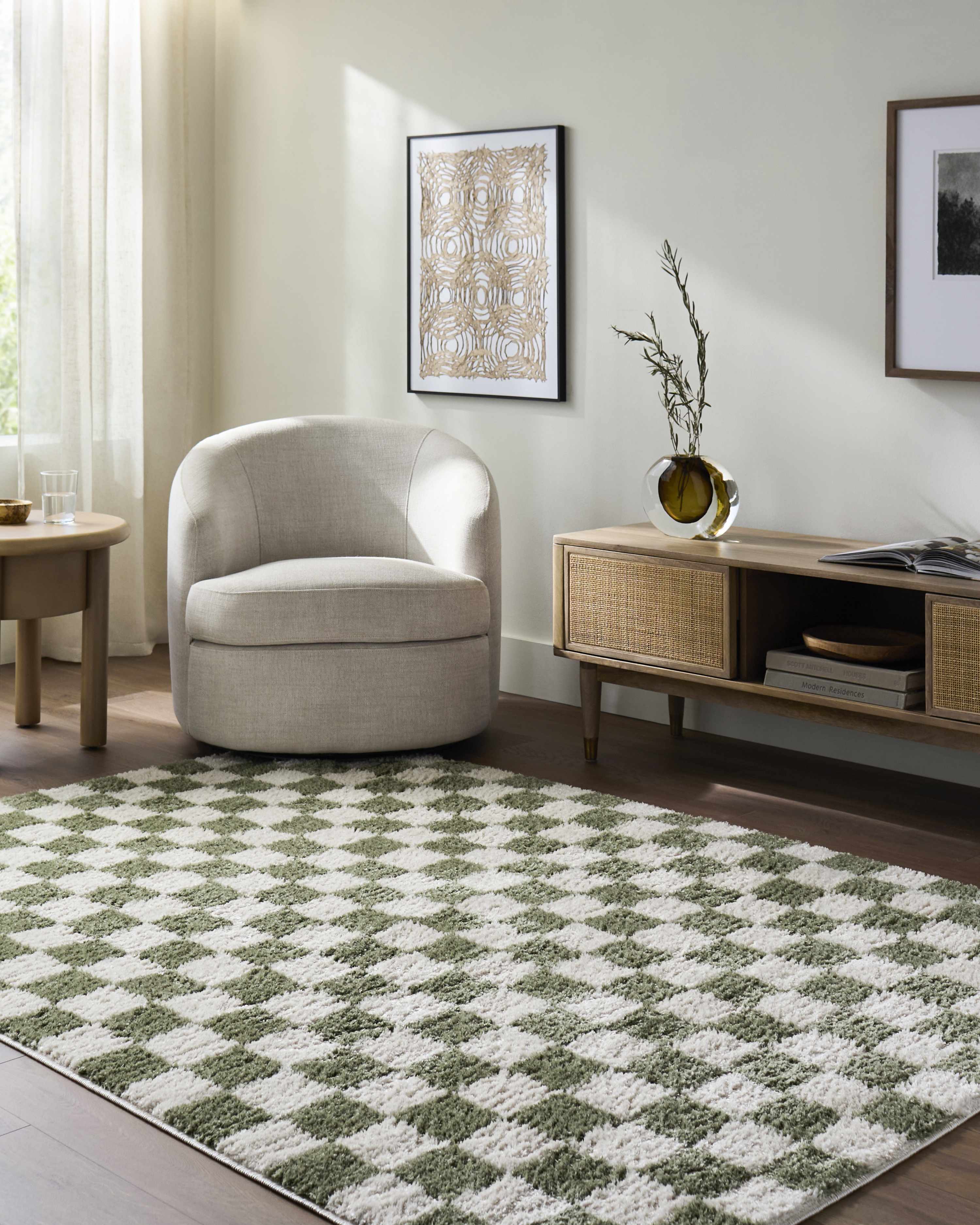 Cielo Green Checkered Rug  Machine Washable, High Pile