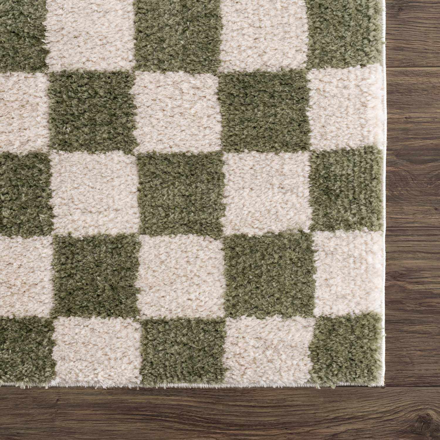 Cielo Green Checkered Rug  Machine Washable, High Pile