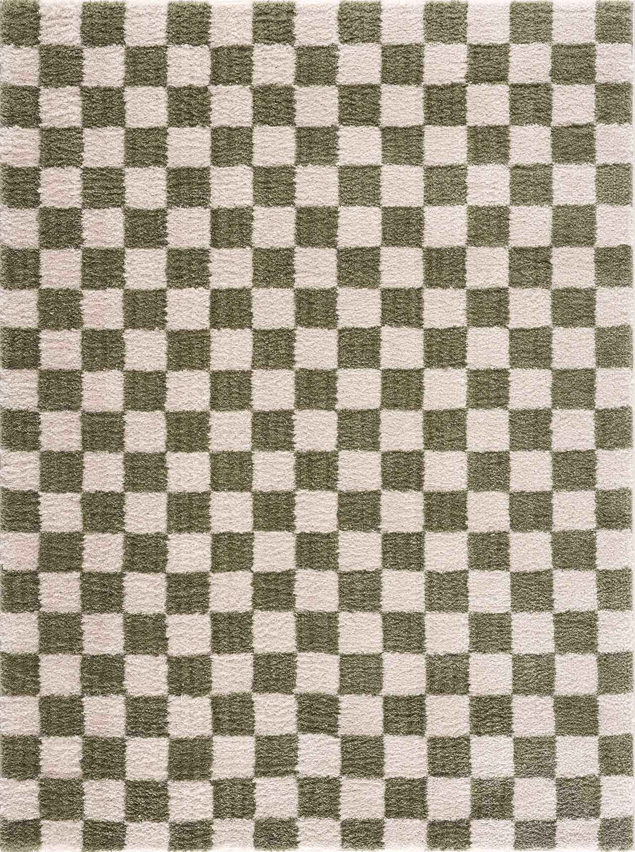 Cielo Green Checkered Rug  Machine Washable, High Pile