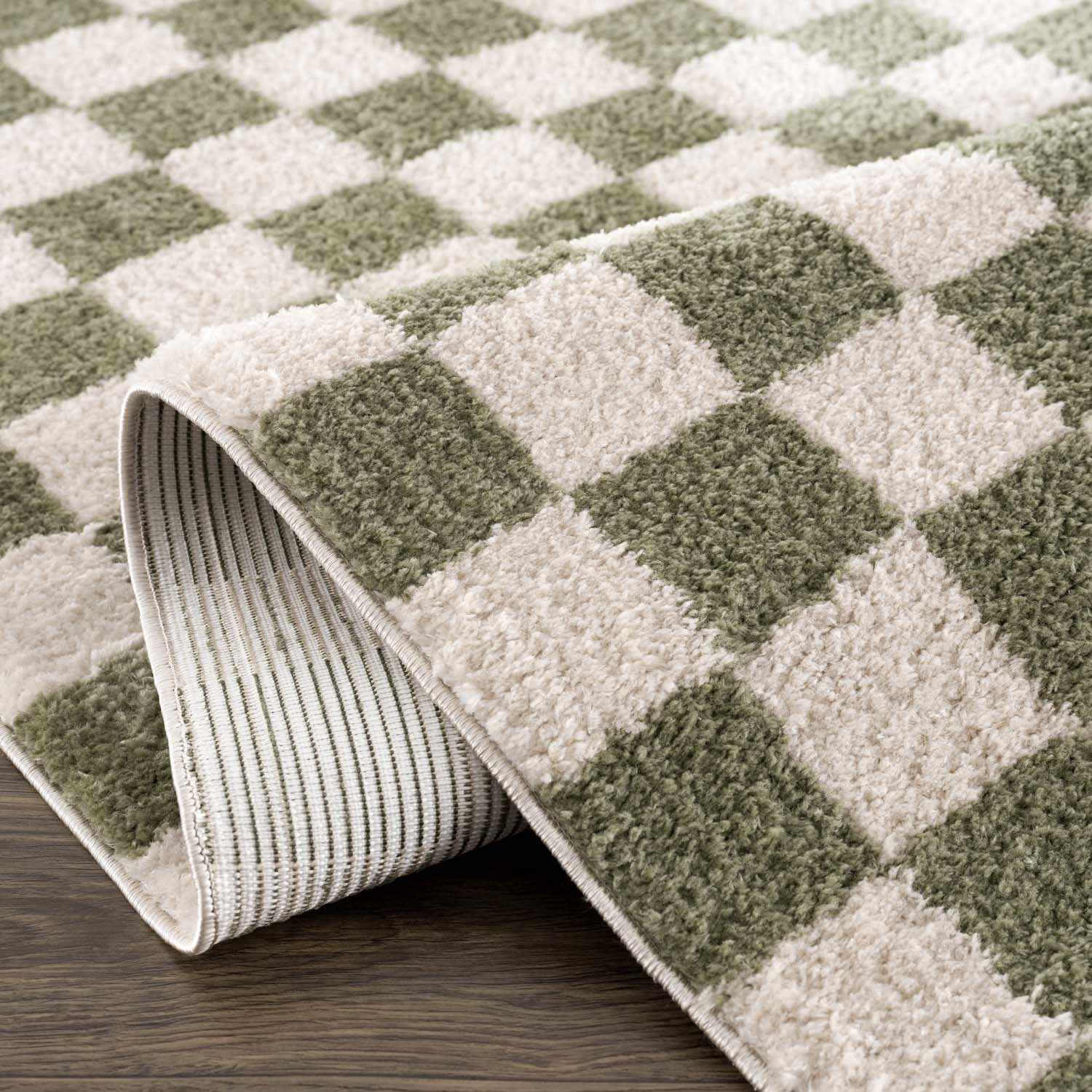 Cielo Green Checkered Rug  Machine Washable, High Pile