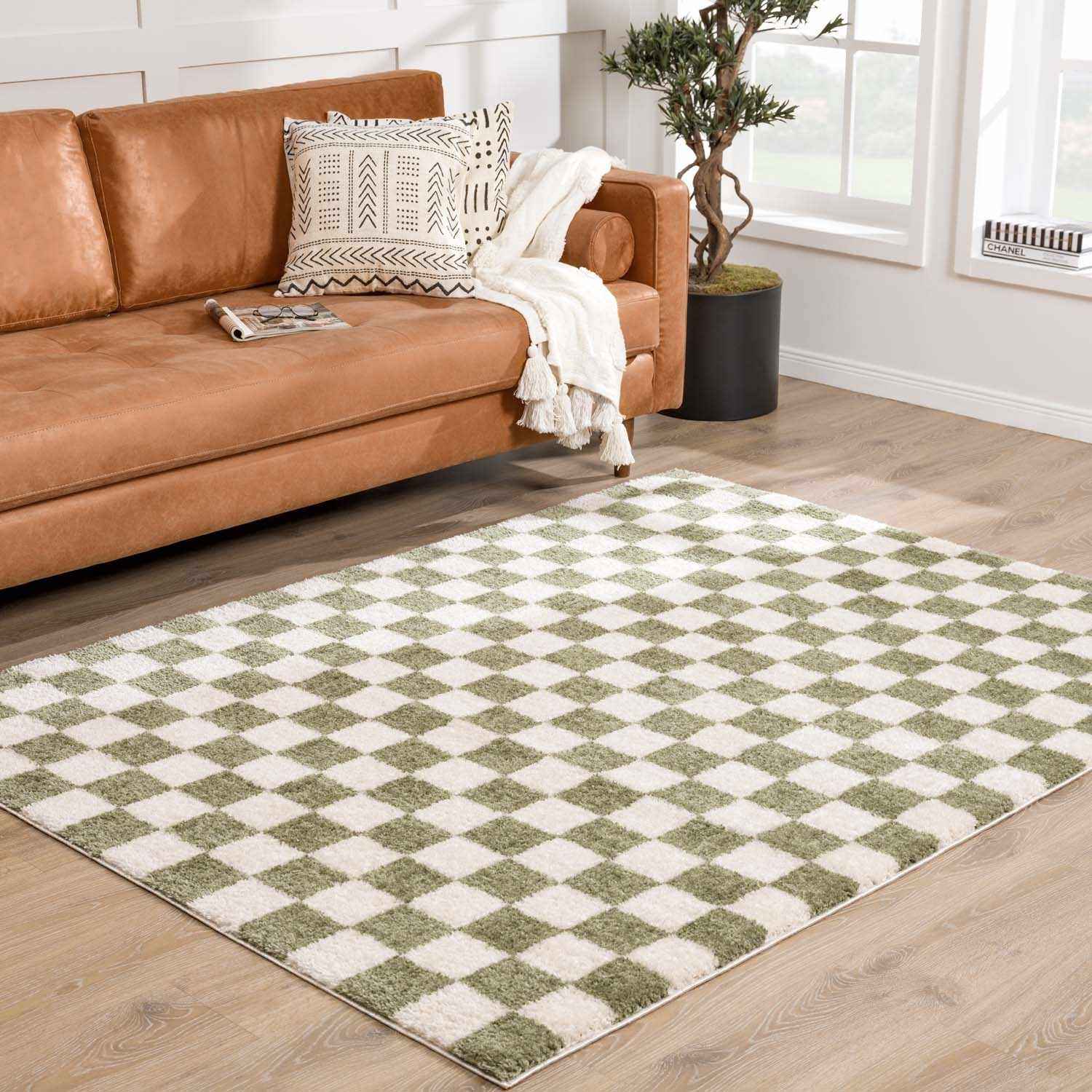 Cielo Green Checkered Rug  Machine Washable, High Pile