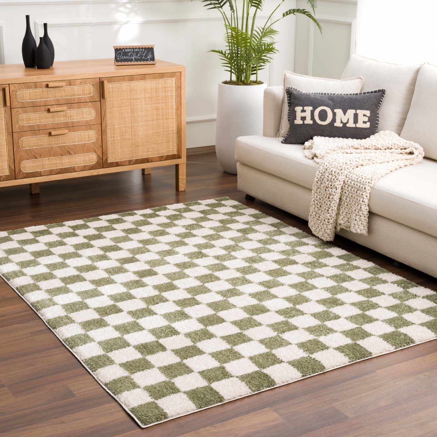 Cielo Green Checkered Rug  Machine Washable, High Pile