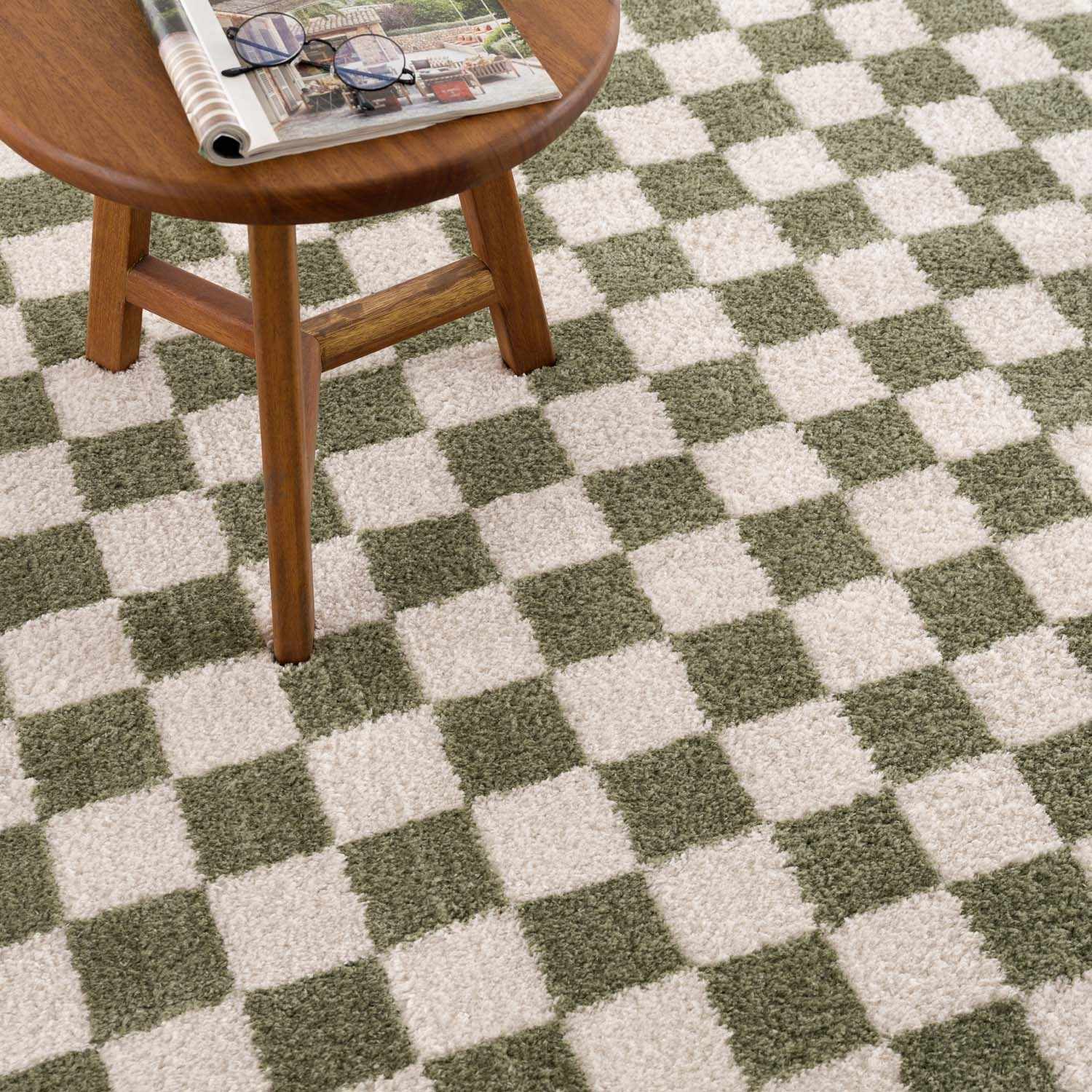 Cielo Green Checkered Rug  Machine Washable, High Pile