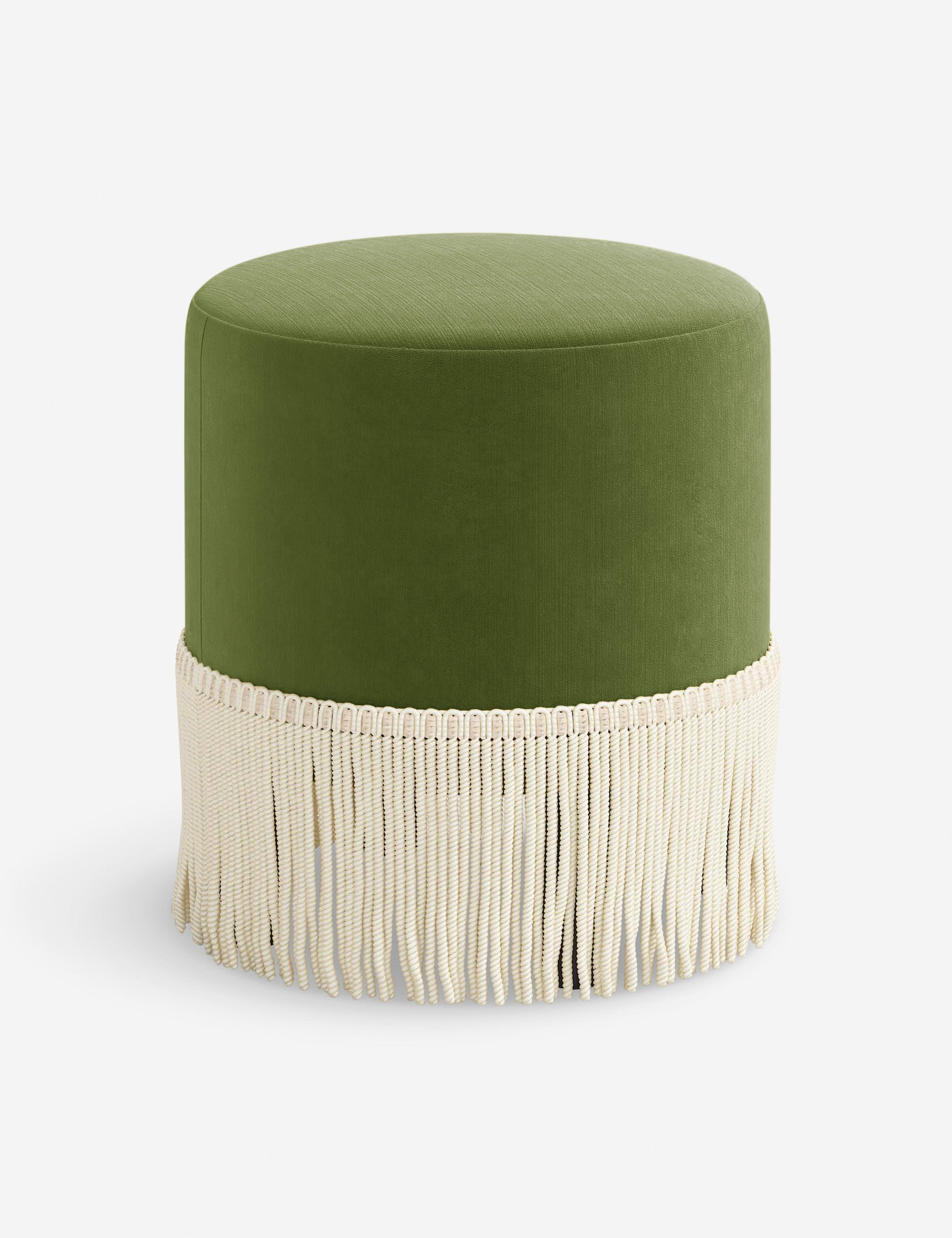 Aura Round Ottoman | Fringe Trim, Custom Upholstery