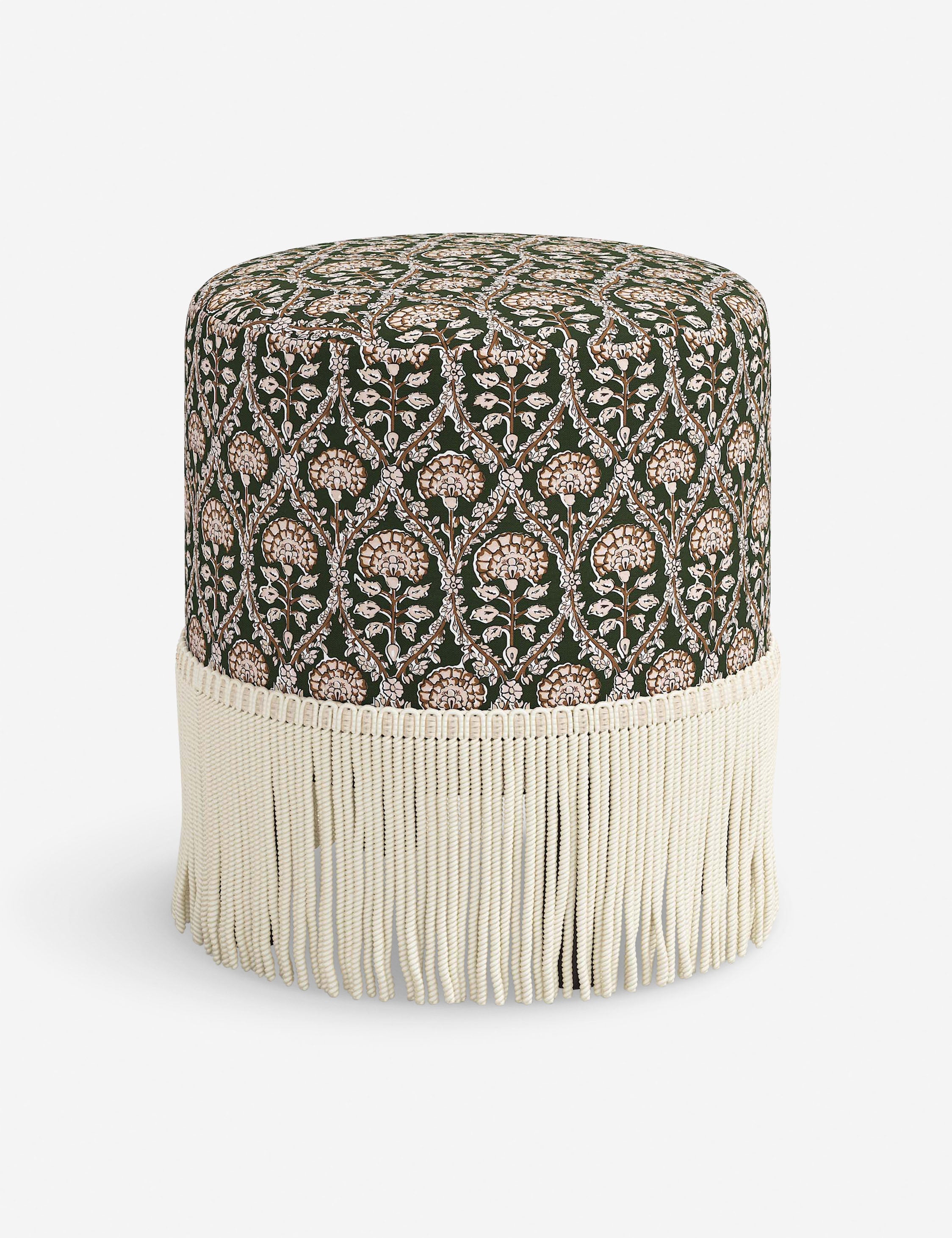 Aura Round Ottoman | Fringe Trim, Custom Upholstery
