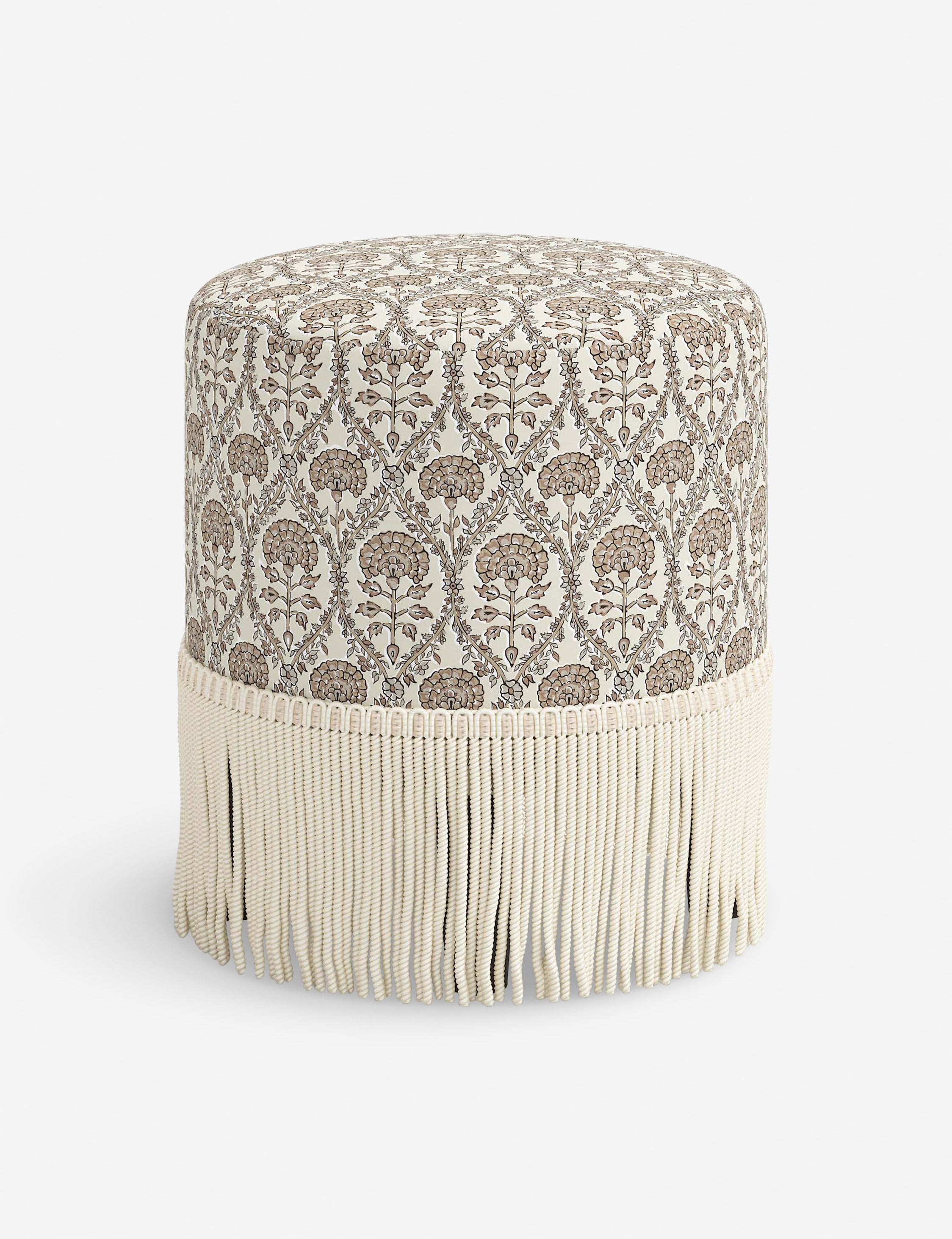 Aura Round Ottoman | Fringe Trim, Custom Upholstery