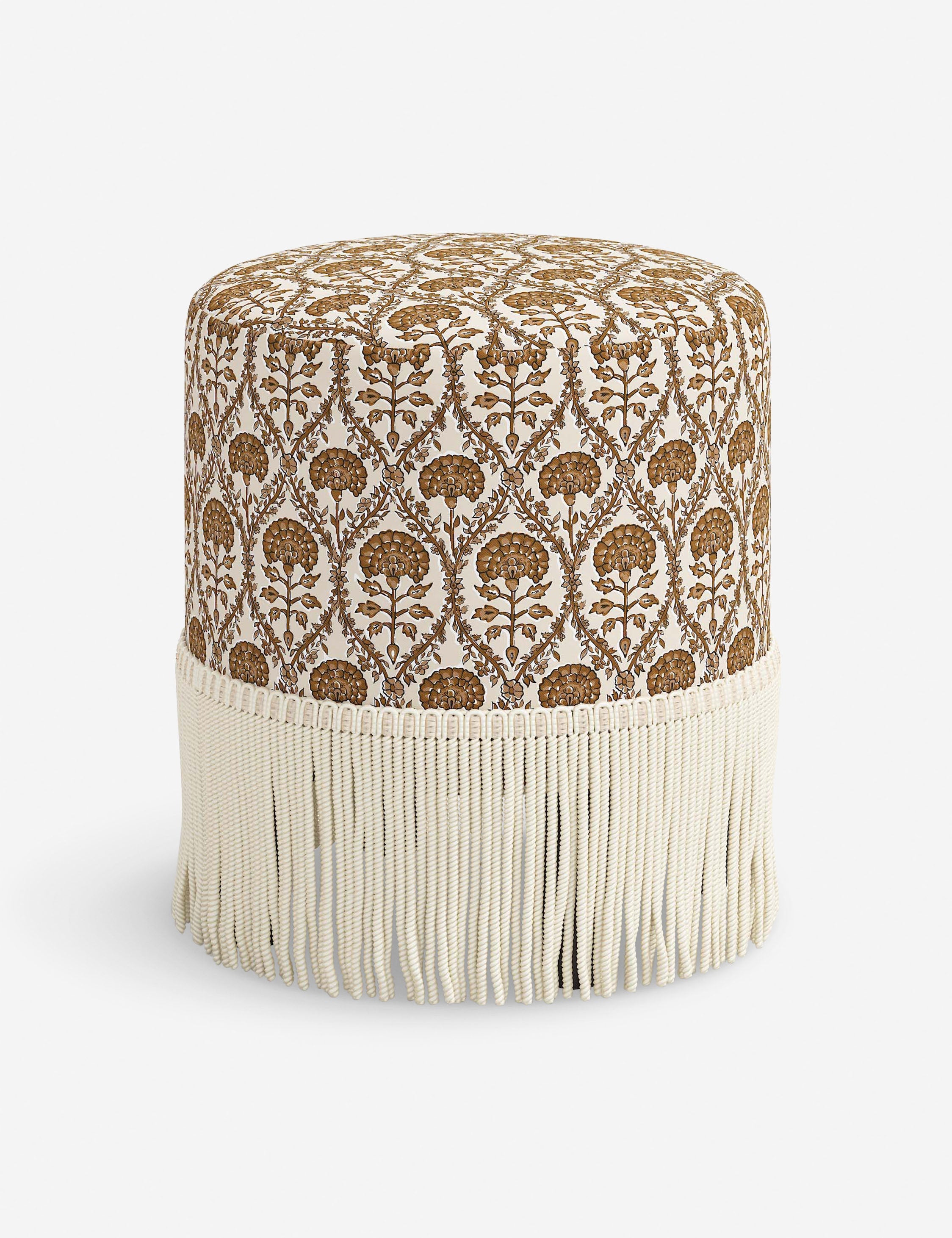Aura Round Ottoman | Fringe Trim, Custom Upholstery