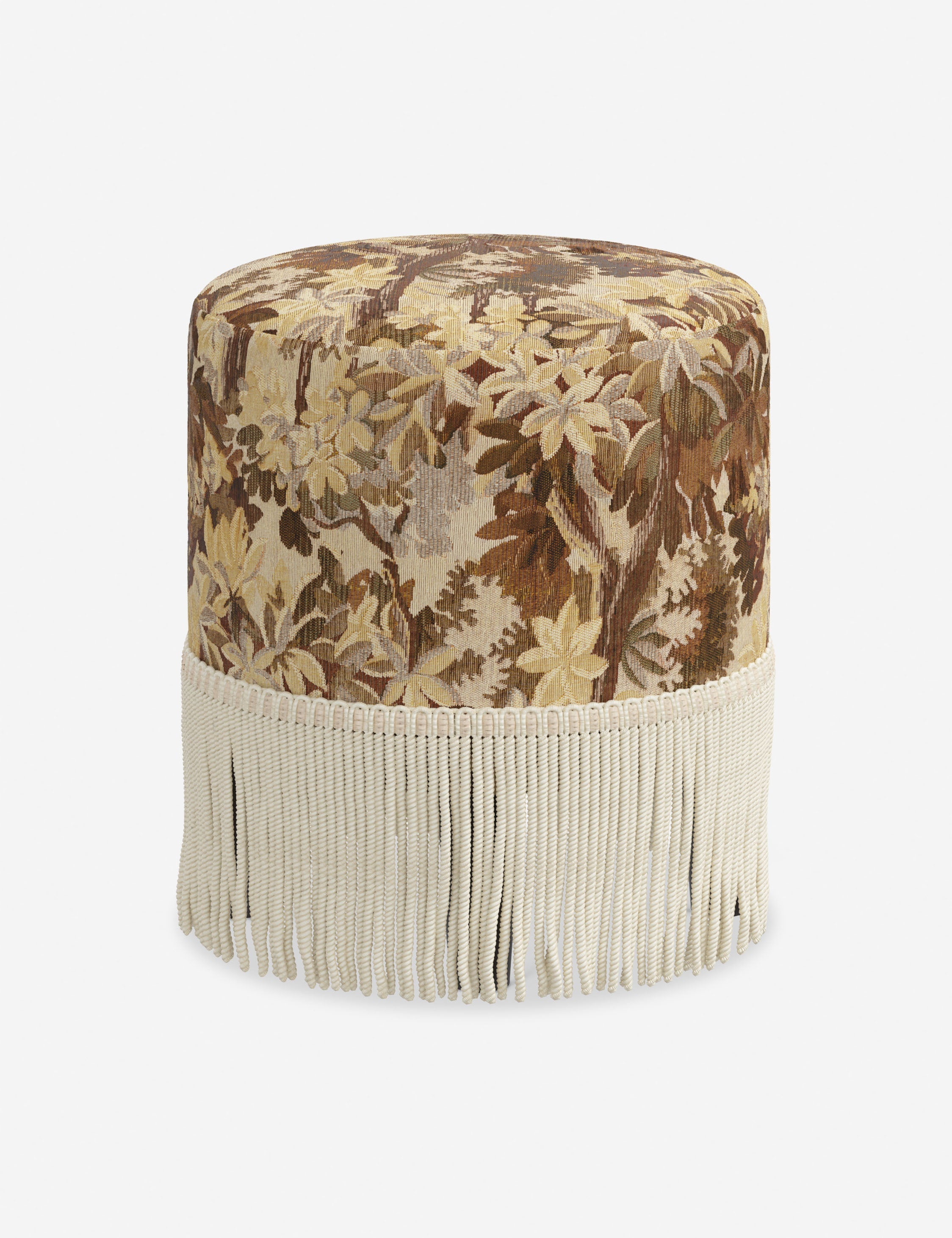 Aura Round Ottoman | Fringe Trim, Custom Upholstery