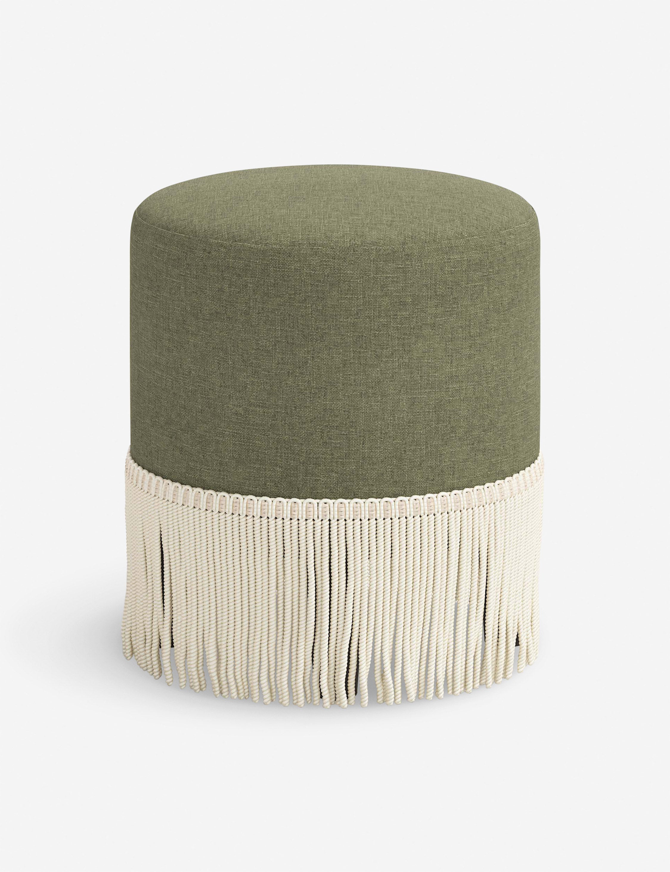 Aura Round Ottoman | Fringe Trim, Custom Upholstery