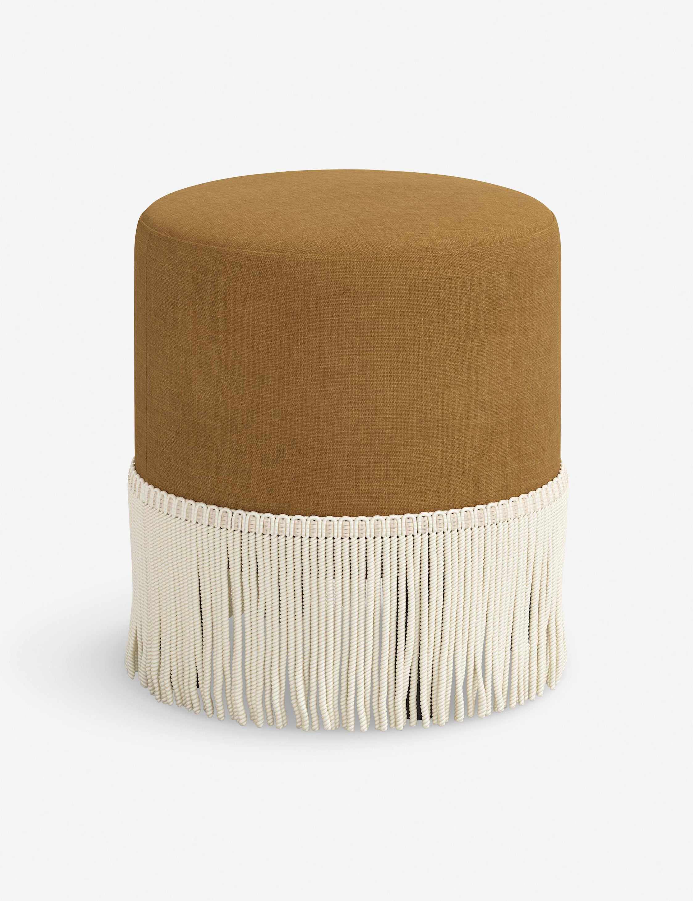 Aura Round Ottoman | Fringe Trim, Custom Upholstery