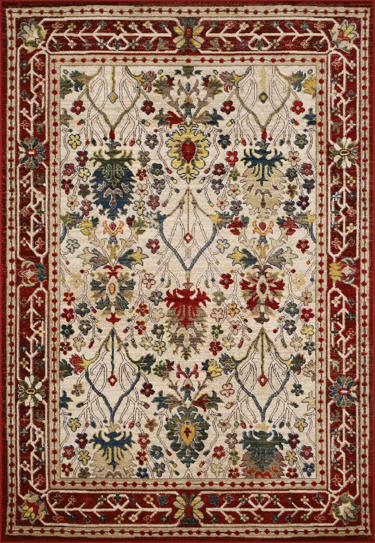 Nox White/Red Damask Area Rug  Machine Woven, Medium Pile