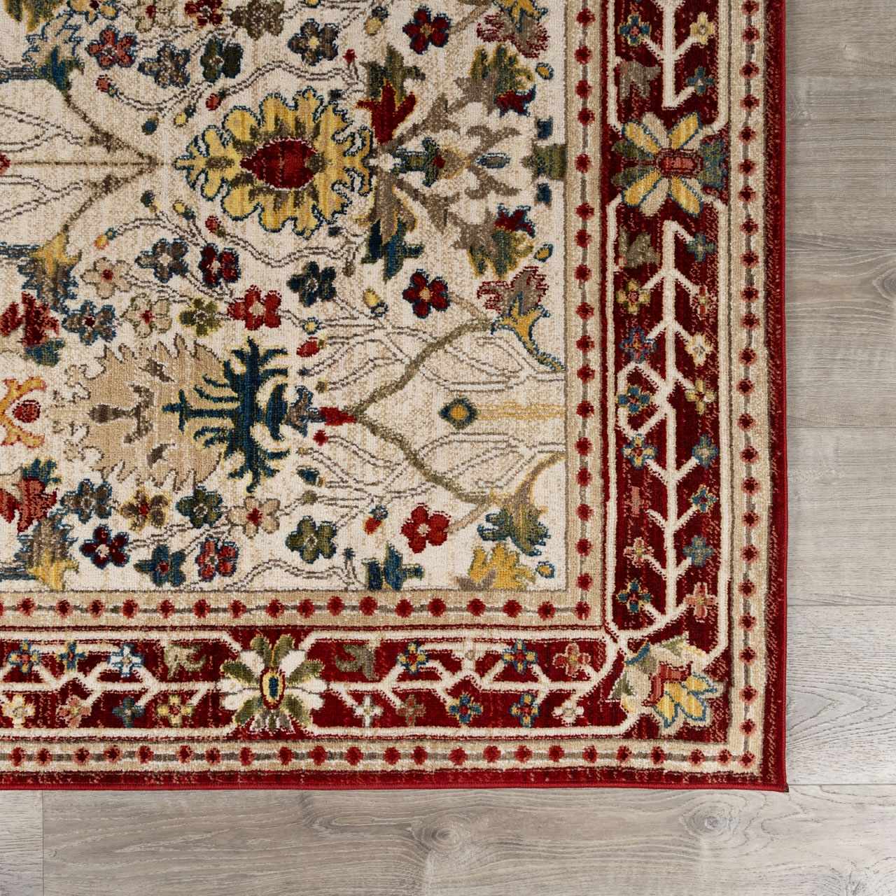 Nox White/Red Damask Area Rug  Machine Woven, Medium Pile