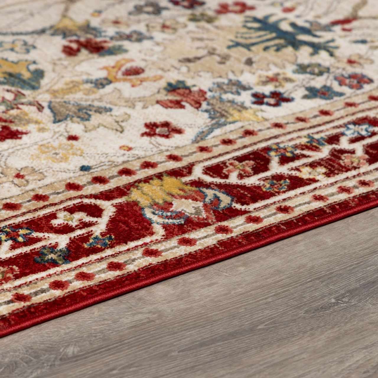 Nox White/Red Damask Area Rug  Machine Woven, Medium Pile
