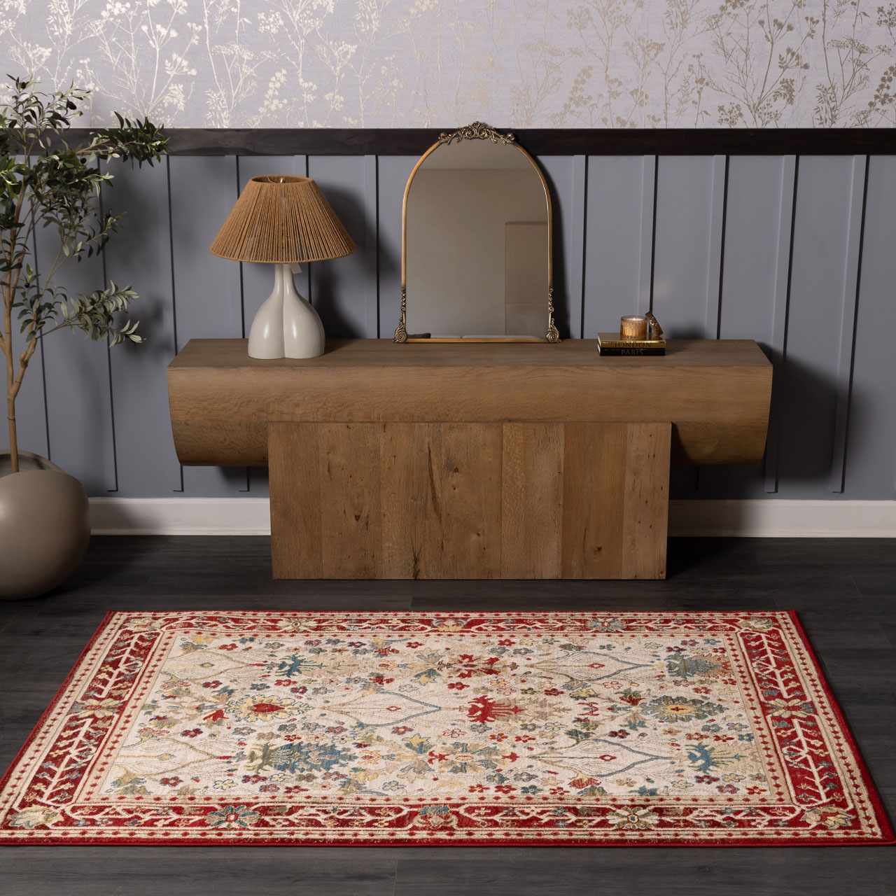 Nox White/Red Damask Area Rug  Machine Woven, Medium Pile