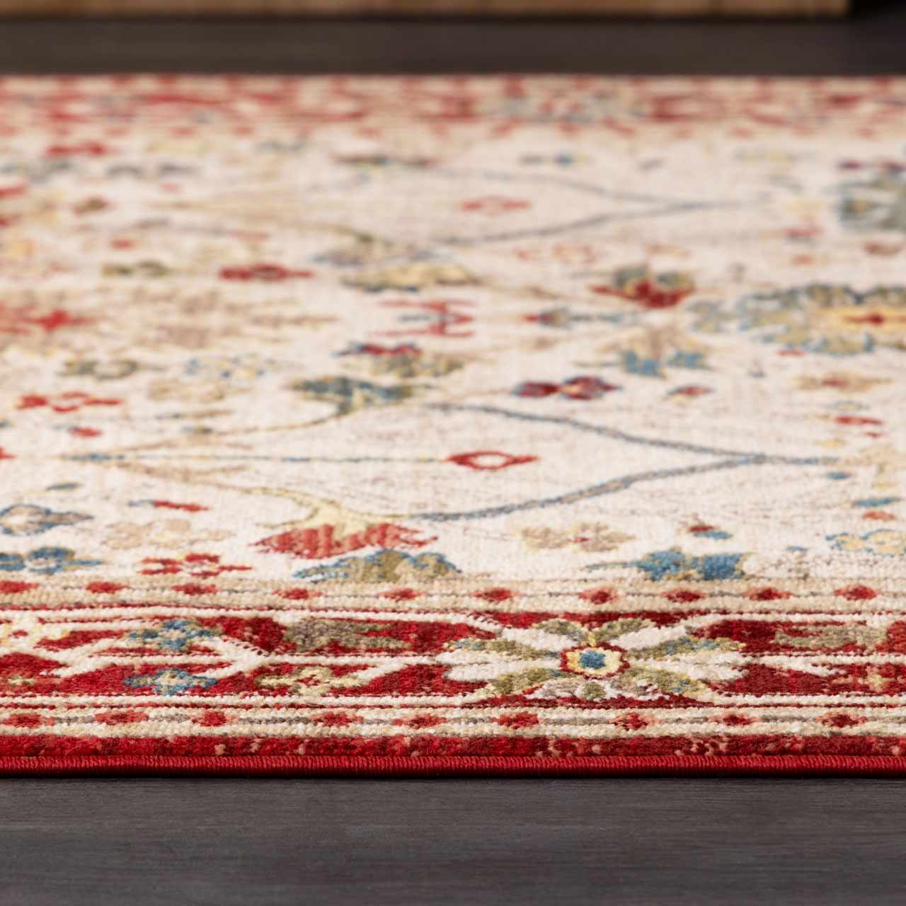 Nox White/Red Damask Area Rug  Machine Woven, Medium Pile