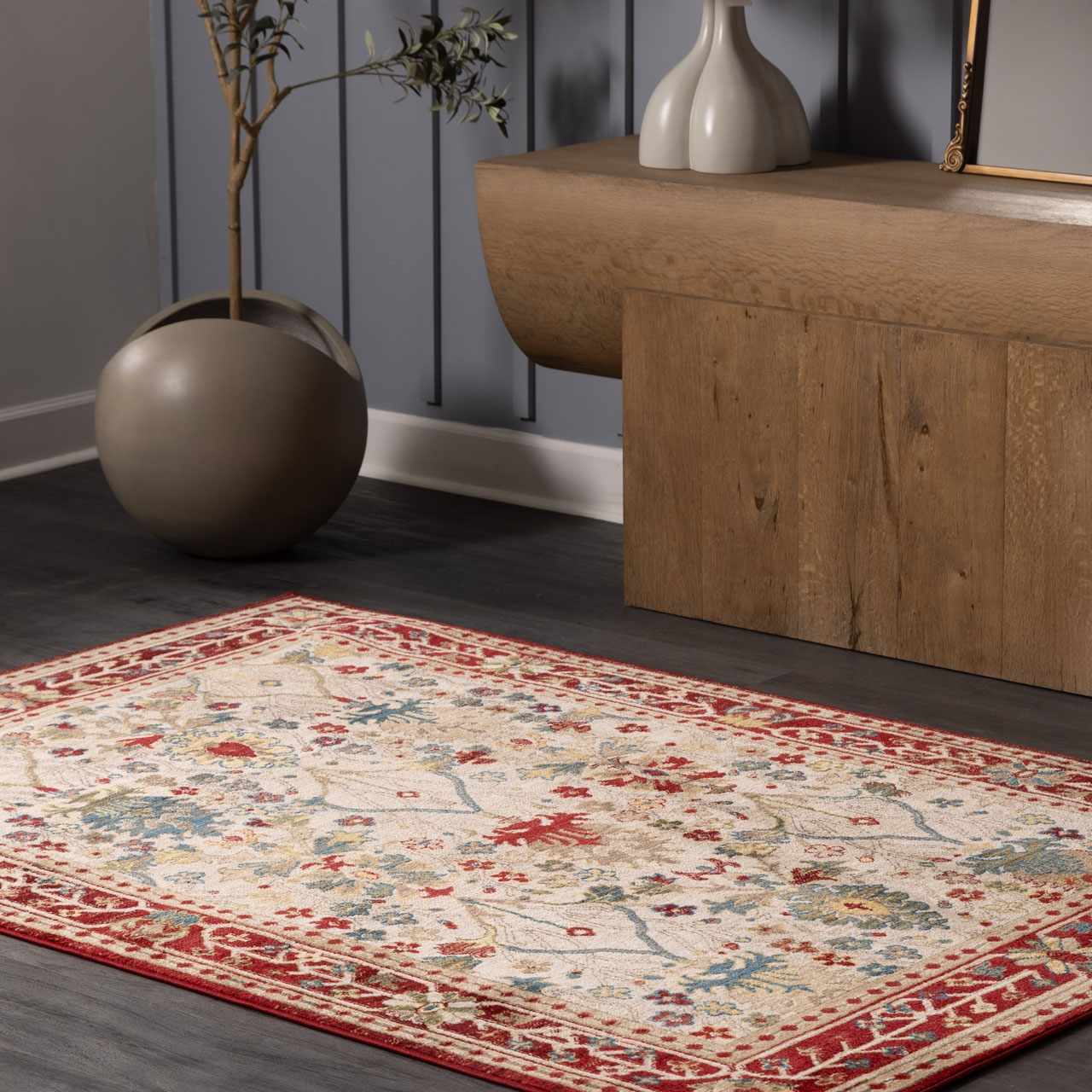 Nox White/Red Damask Area Rug  Machine Woven, Medium Pile