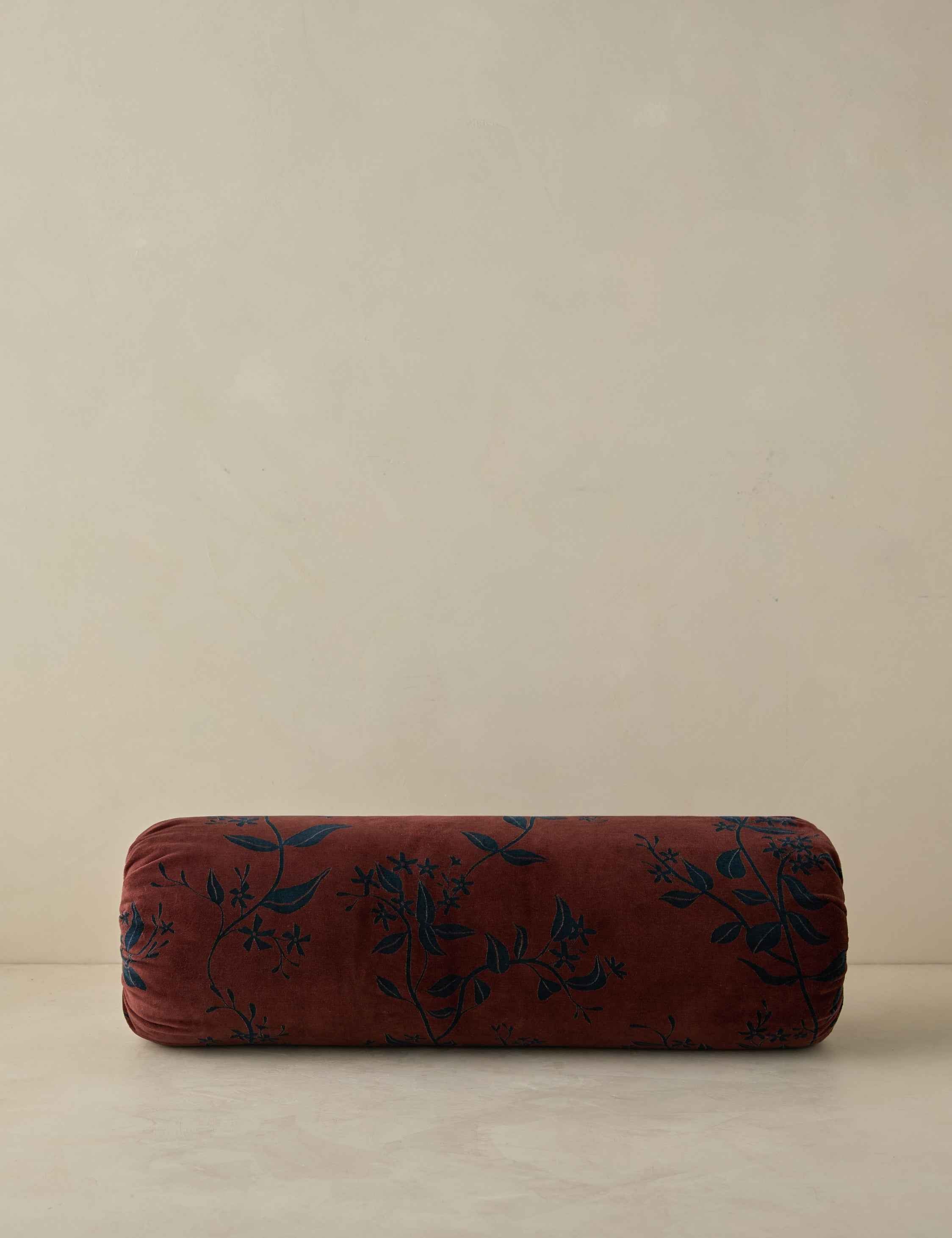Carmine Velvet Bolster Pillow | Dark Floral Print on Rich Red Velvet