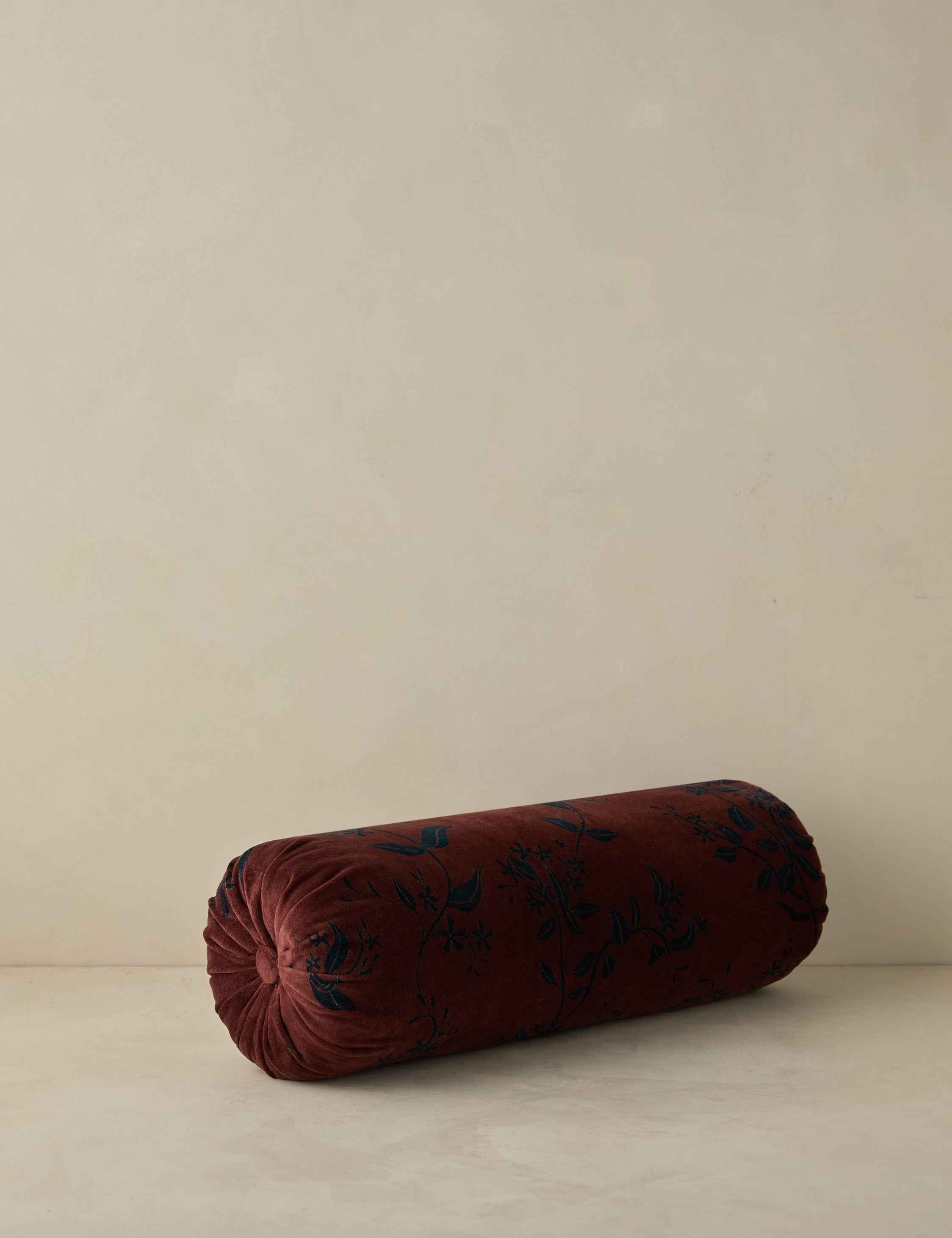 Carmine Velvet Bolster Pillow | Dark Floral Print on Rich Red Velvet