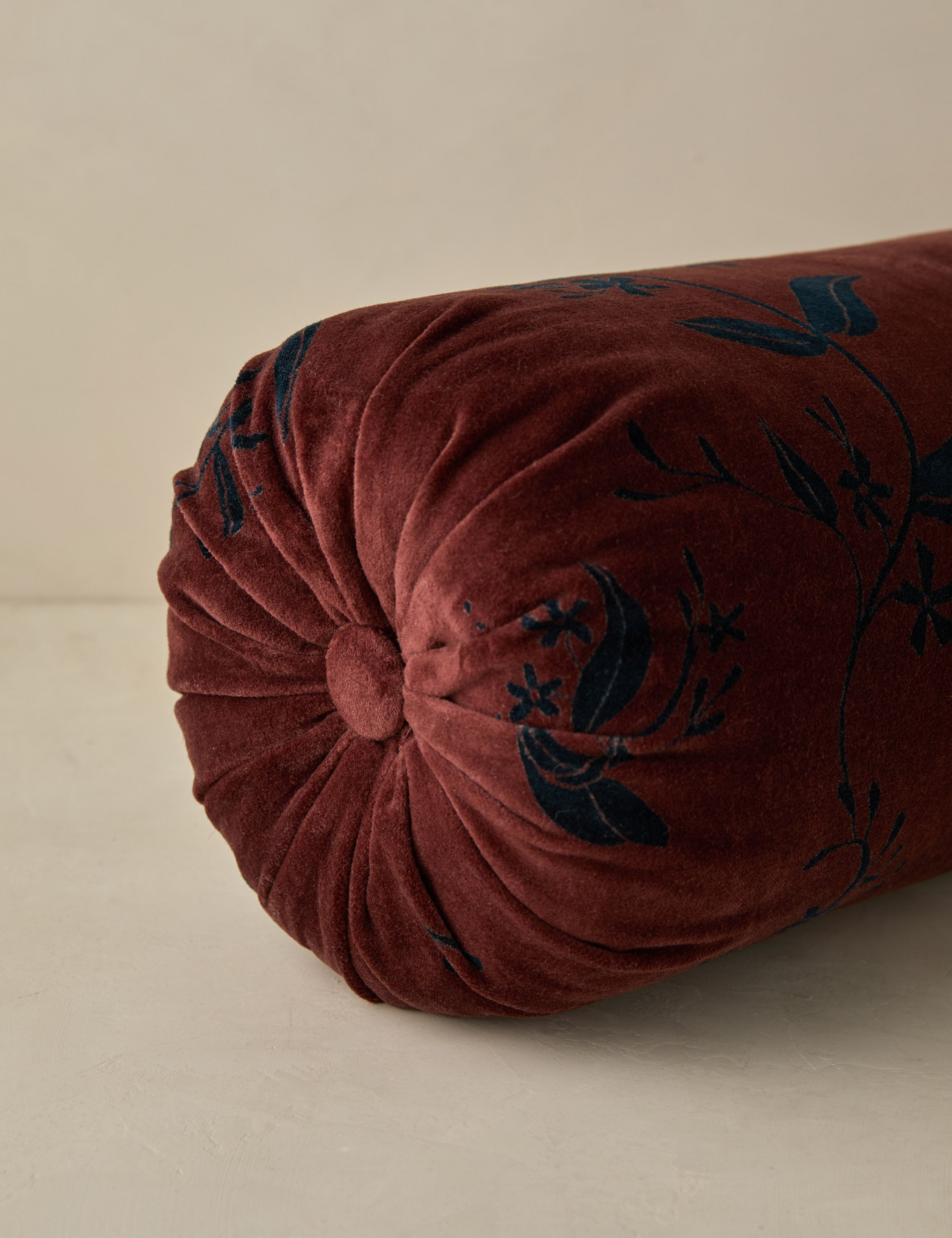 Carmine Velvet Bolster Pillow | Dark Floral Print on Rich Red Velvet
