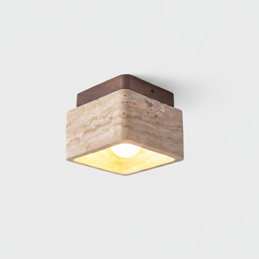 Karo Plafond- of Wandlamp | Travertin & Houten Basis, Compact Design